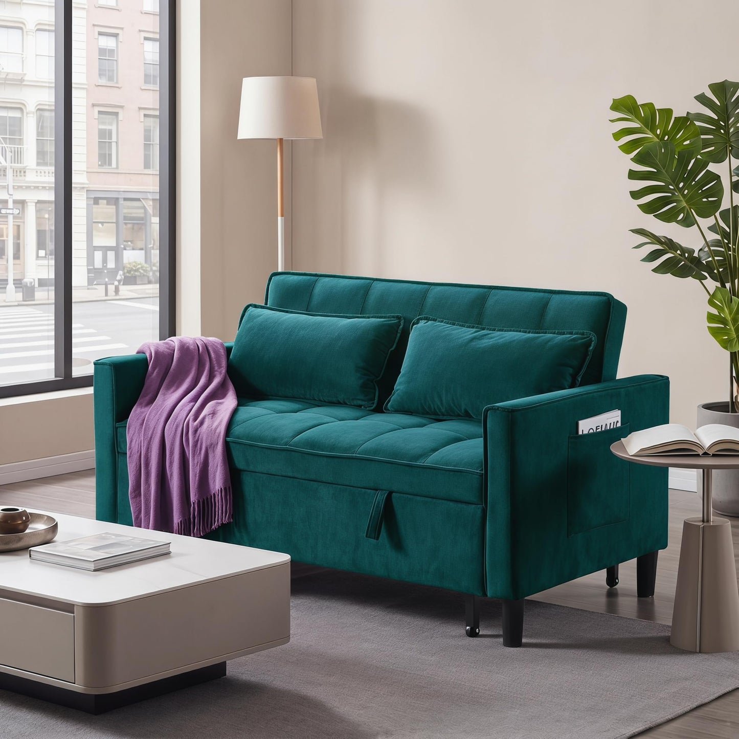 NicBex Convertible Sofa Bed, 3 in 1 Velvet Fabric Loveseat Sleeper Sofa Bed, Pull Out Couch with Adjustable Backrest & Side Pockets for Small Spaces, Living Room & Bedroom, Dark Green