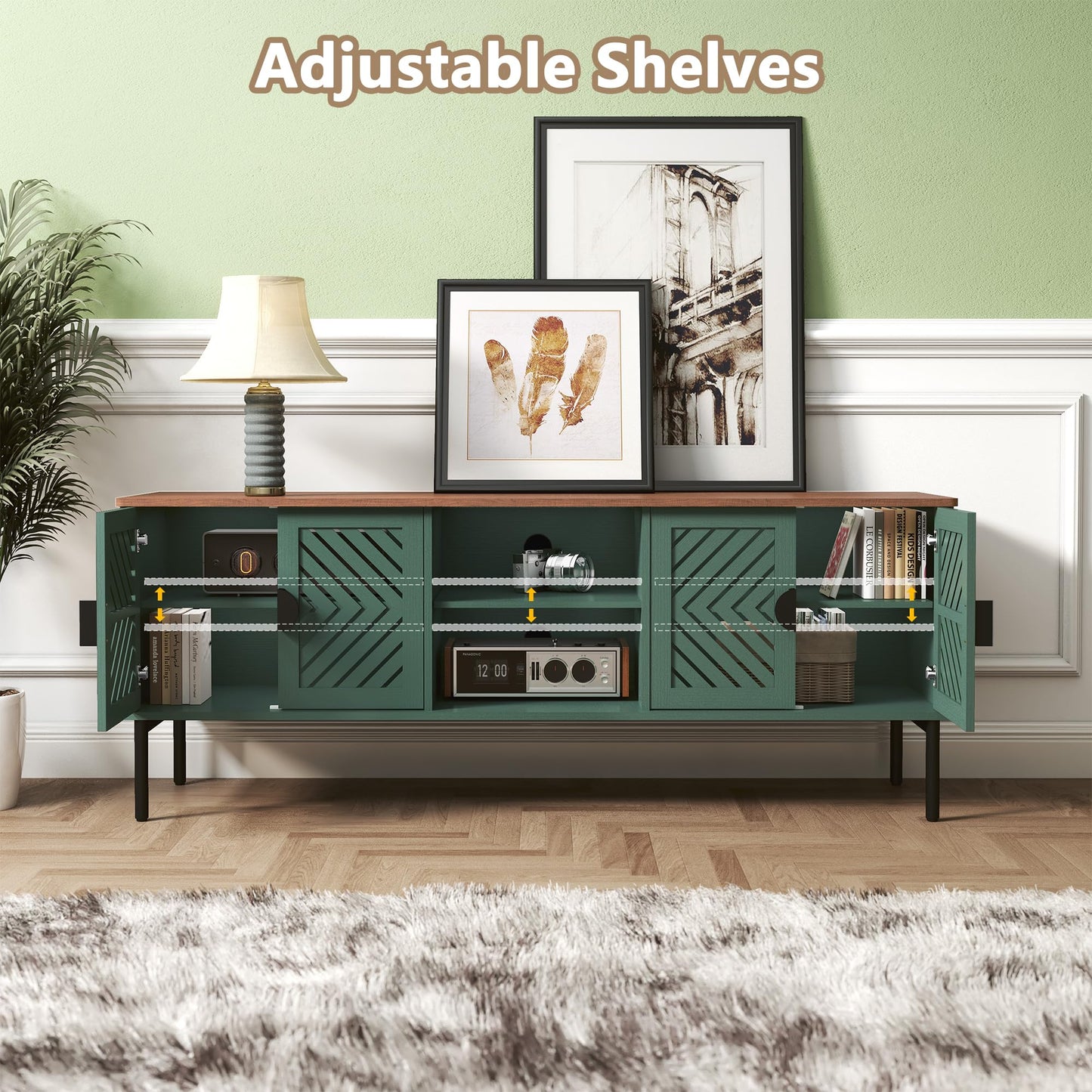 ARTPOWER 63" Modern TV Stands for Living Room, Long Entertainment Center with Storage, TV Console for 55 60 65 70 Inch TV, Bedroom TV Cabinet with Doors, Wood Media Console, Television Stand, Green