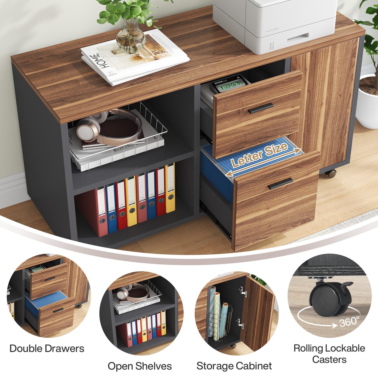 Tribesigns 71 Inch Executive Desk, L-Shaped Desk with Mobile File Cabinet, Executive Office Table with 2 Drawers and Storage Shelves, Business Furniture Workstation for Home Office, Walnut and Black