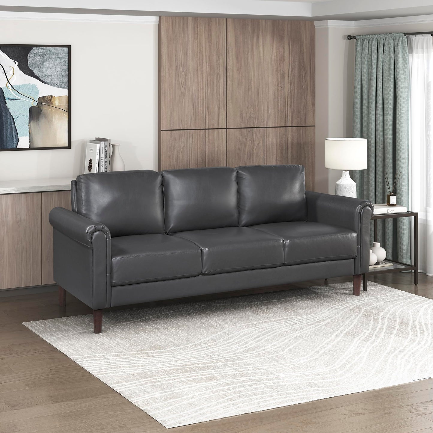 Lexicon 79" W Sofa Couch, Faux Leather Upholstered 3-Seater with Rolled Arms & Wood-Look Feet, Pocket Coil Support, Traditional Living Room, Office or Waiting Room Seating - Dark Gray