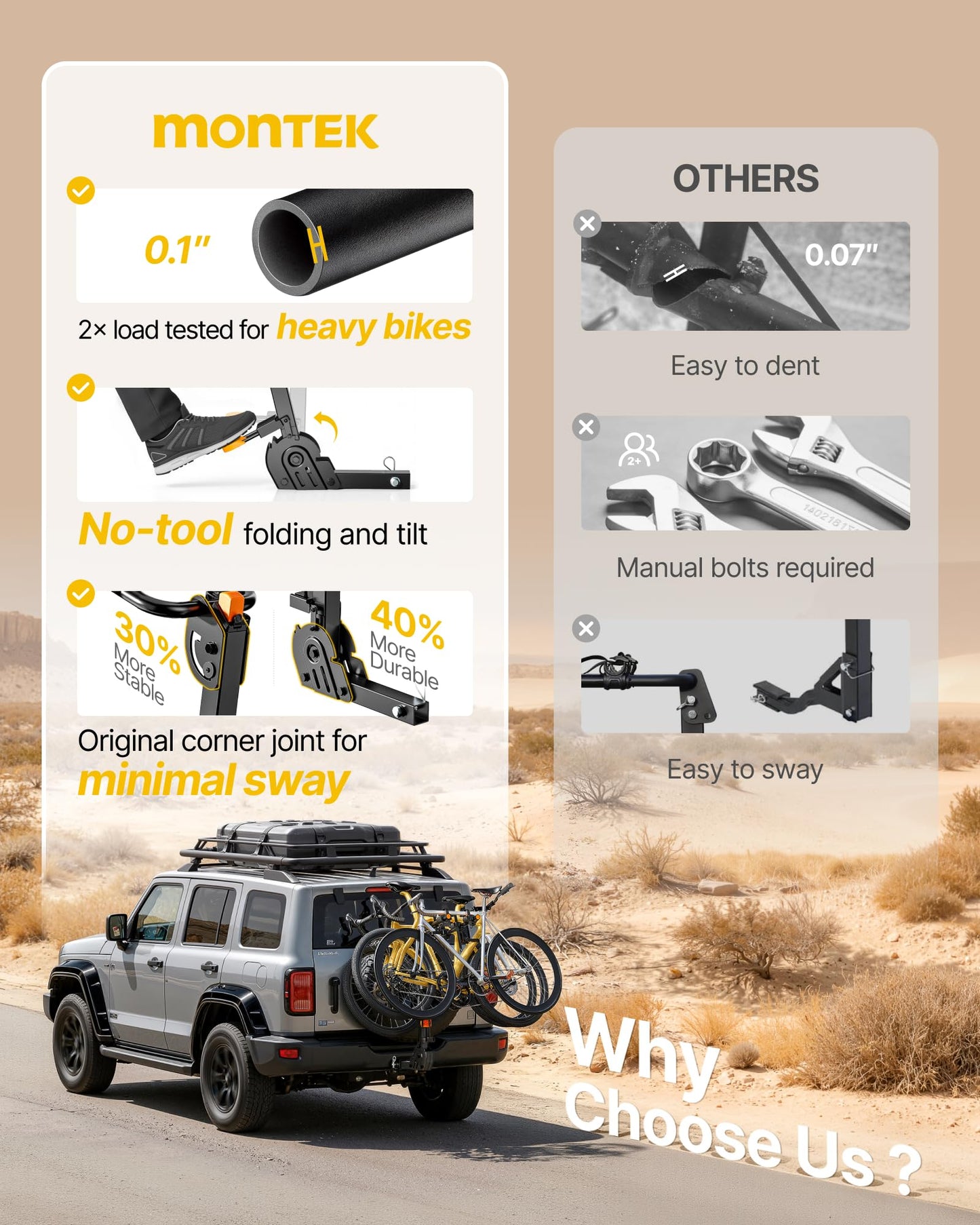monTEK Premier Locking Quick Release 3-Bike Rack for Cars, Trucks, SUVs with 2” Hitch, Quick Foldable & Tiltable Bike Rack Hitch,3mm Thick Heavy-Duty Steel Frame&High-Secure Straps Hitch Bike Rack