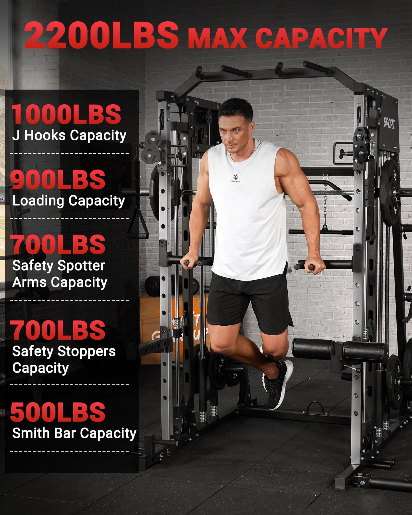 GarveeLife Smith Machine Home Gym All in One, 2200 LBS Squat Rack Power Cage with Smith Bar, LAT Pull-Down, Cable Systems, Leg Hold-Down and More Attachments, Workout Equipment (Black)