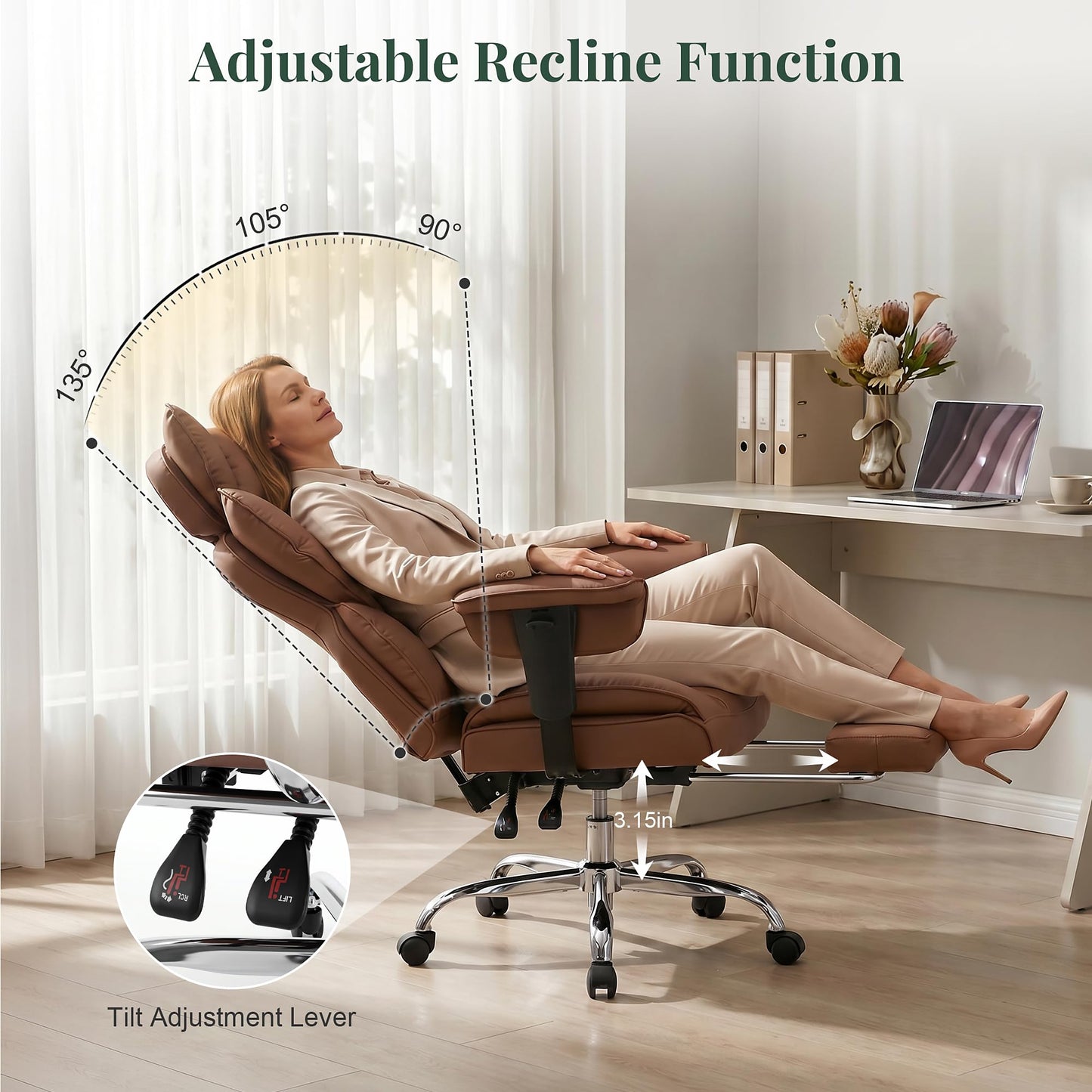 HAPPYMONT Big and Tall Ergonomic Office Chair,350 lbs,High Back Reclining PU Leather Gaming Chair with Footrest, Adjustable Armrests, Lumbar Support, Executive Desk Chair for Home Office, Brown
