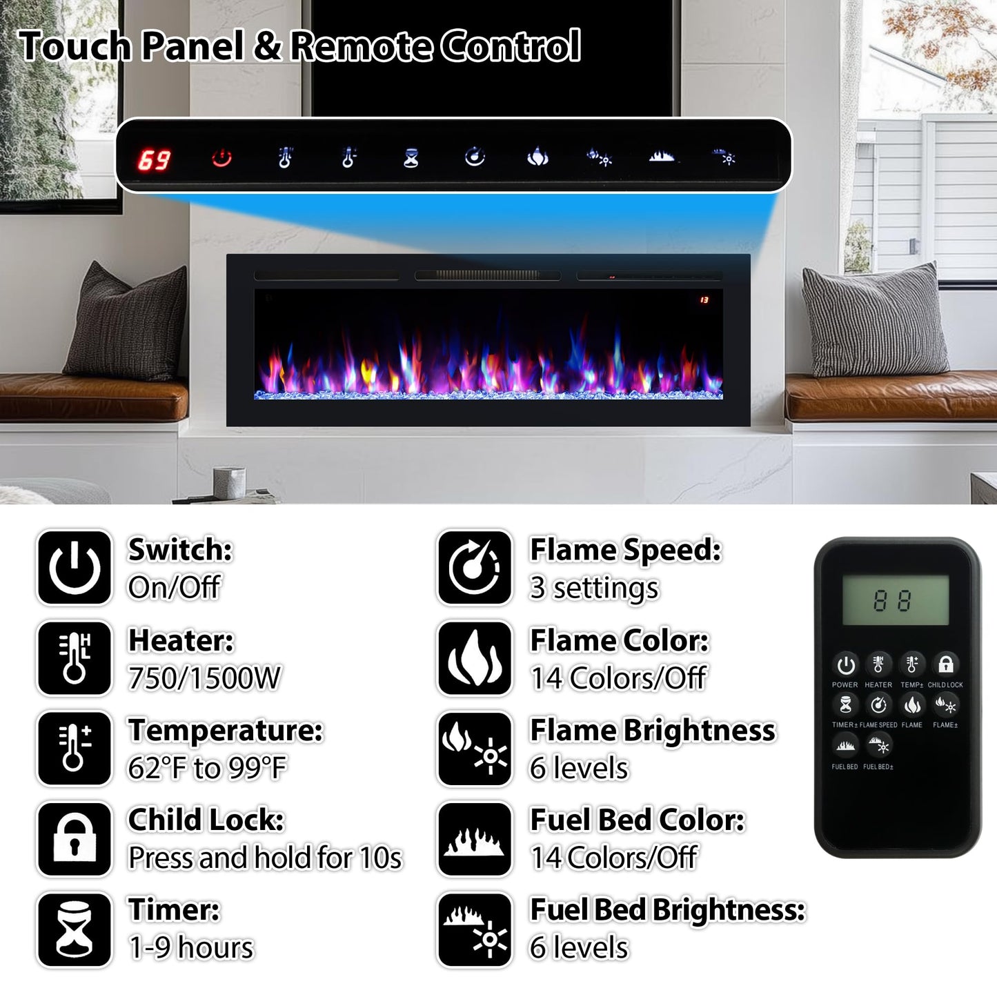 Kentsky 54" Electric Fireplace, Recessed, Wall Mounted and Freestanding Fireplace Heater, Adjustable Flame Color, Speed & Brightness, Thermostat, 9H Timer, Child Lock