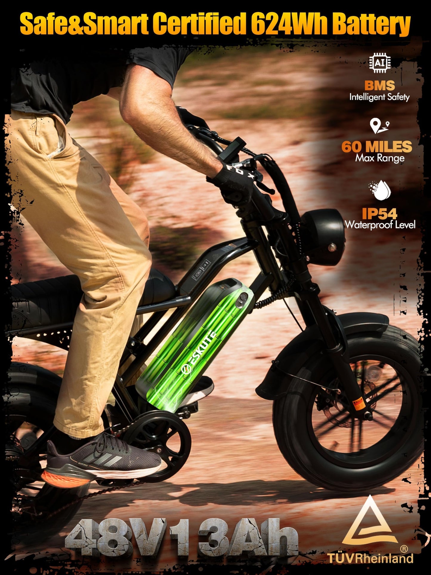 ESKUTE V100 Electric Bike for Adults, Electric Dirt Bike 1500W Peak Motor, All Terrain Dual Suspension E Bike 20+MPH Speed, Ebike Up to 60 Miles Range, 16" Fat Tire, 48V13Ah Battery, 7-Speed,Black