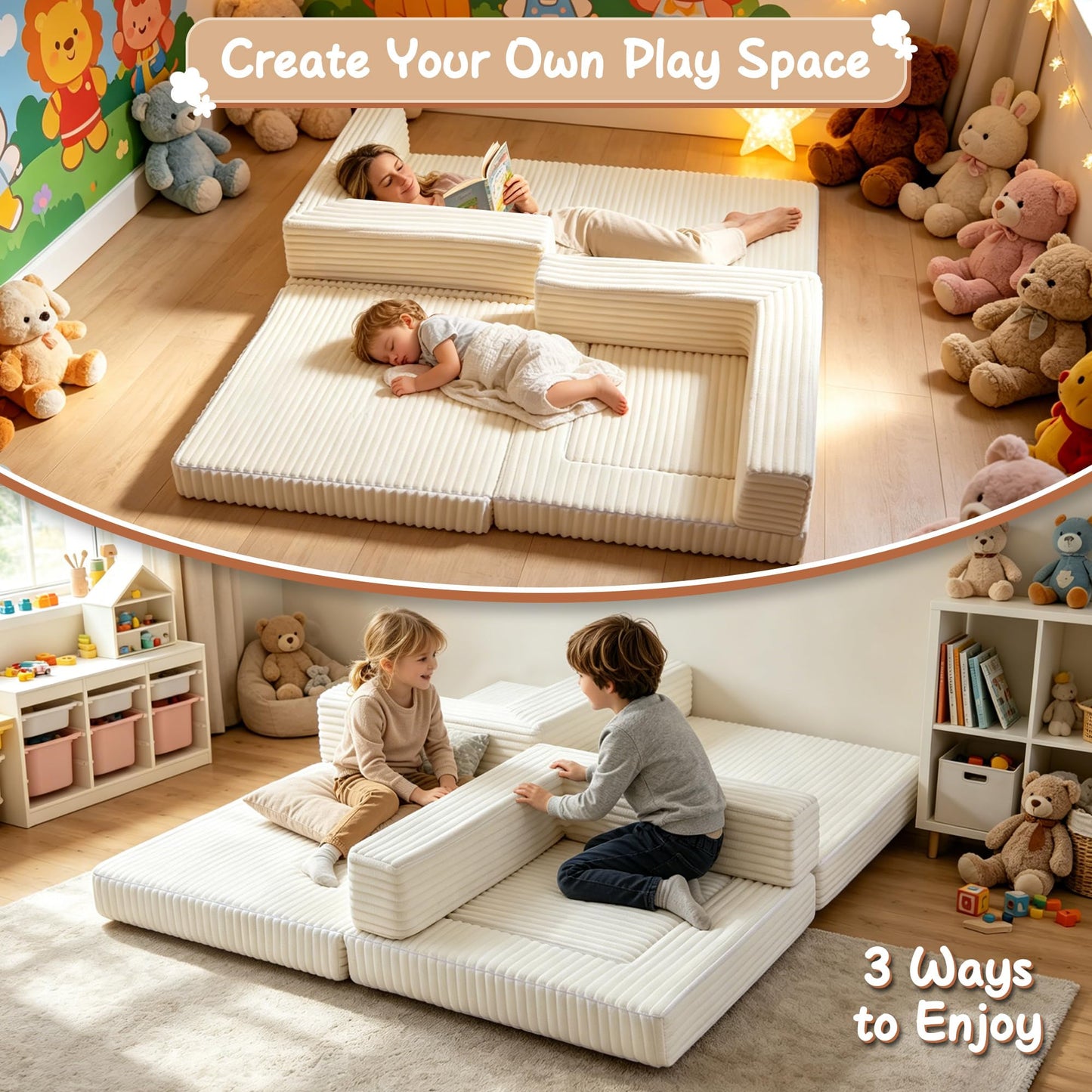 Umoving Modular Floor Sofa Couch Set of 2, Convertible Folding Lounge Sofa Bed with Adjustable Backrest, Family Seating for Kids, Teens & Adults, Gaming, Reading & Relaxing, White