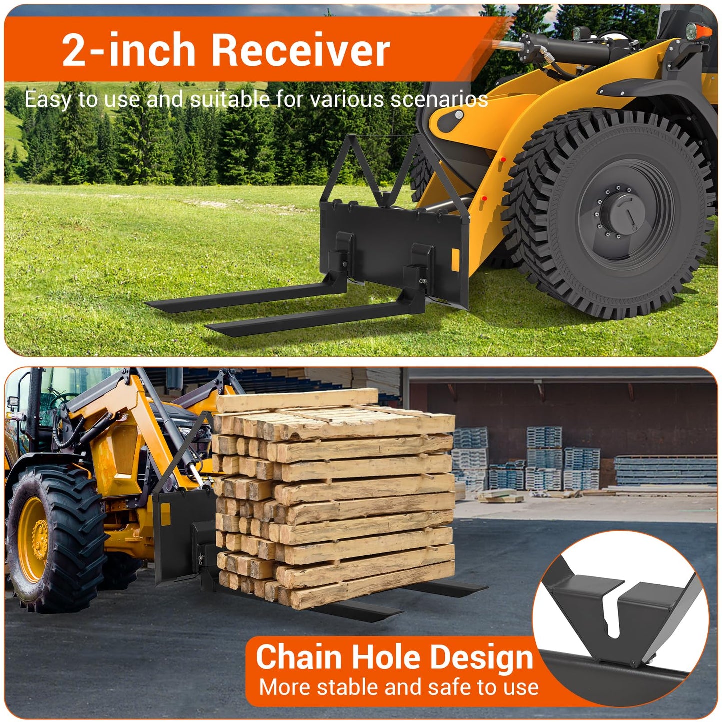 GarveeTech 46 in Skid Steer Pallet Forks, Heavy Duty 3200 LBS Capacity Skid Steer Forks Attachment for Tractors and Loaders, Quick Attach Mount, Black