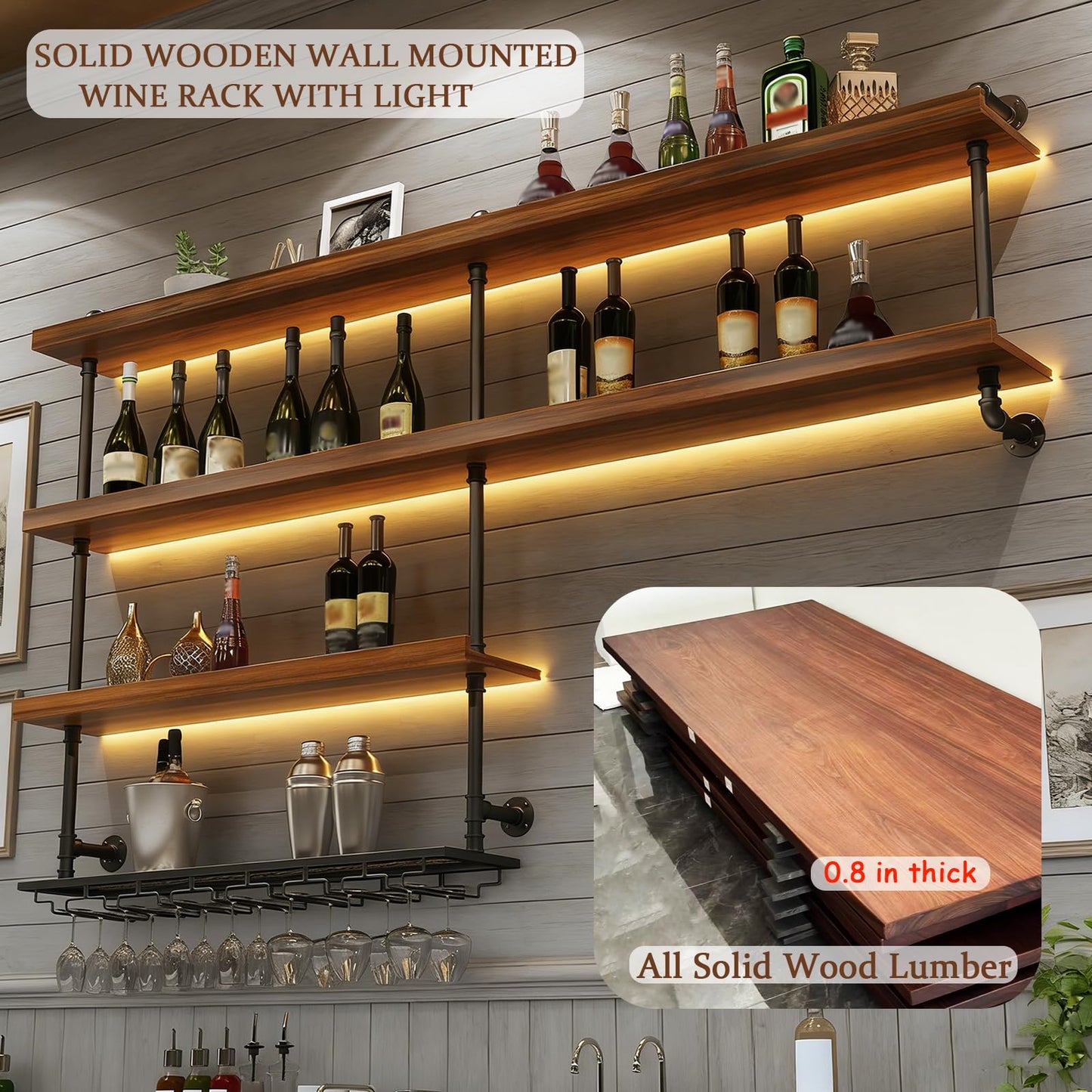 31.5in Large Solid Wood Wine Rack Wall Mounted, Wall Bar Shelves for Liquor Bottles with LED Light, 4 Tier Wine Glass Rack Capacity Liquor for Bar Living Room Dining Room Kitchen Cafe (31.5in/80cm)