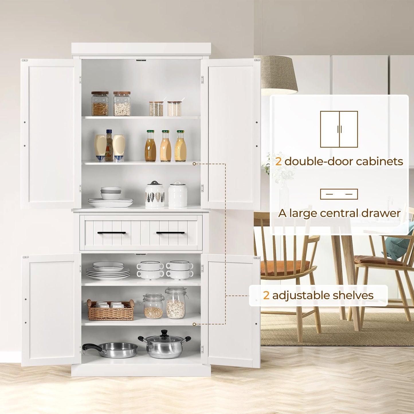 Yaheetech Kitchen Pantry Storage Cabinet with 4 Doors and 2 Adjustable Shelves, 72.5" Freestanding Tall Cupboard Cabinet with Drawer for Dining/Living Room, White