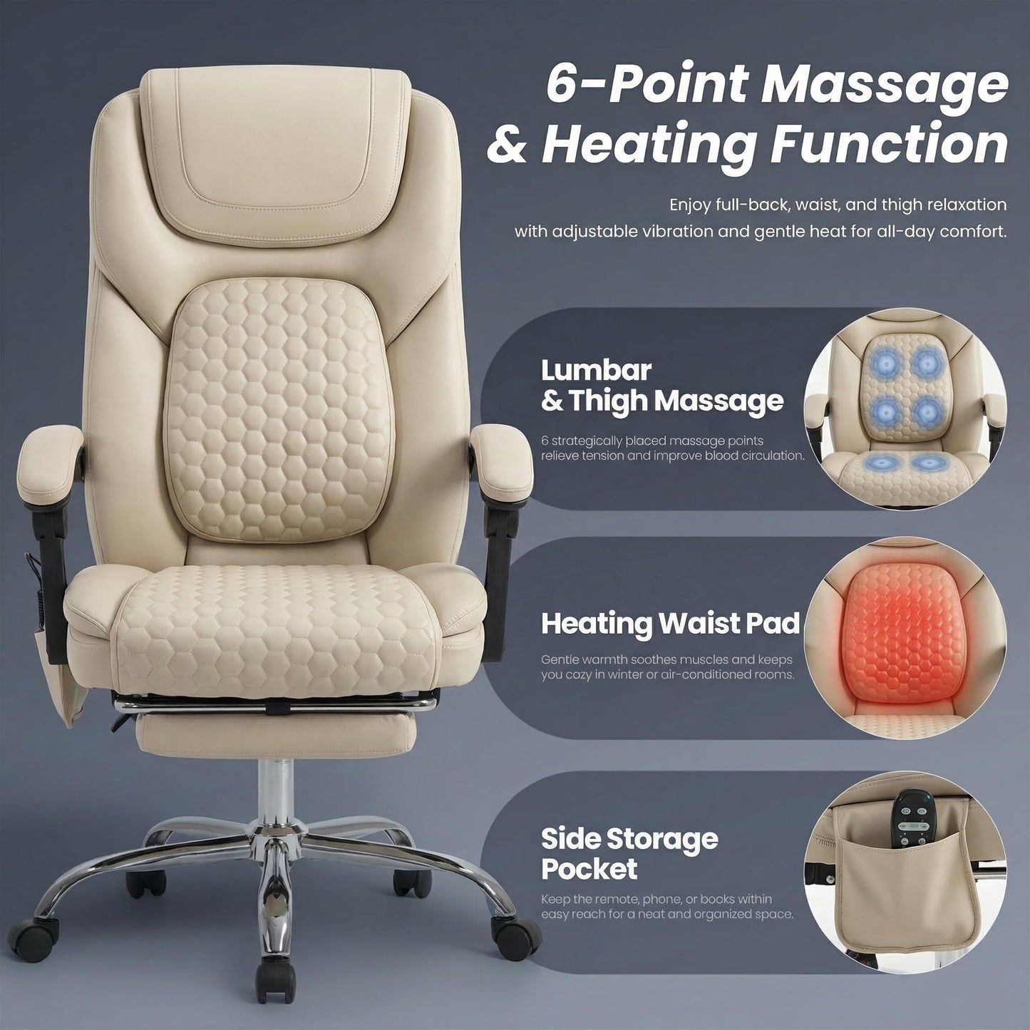 MALOL Massage Office Chair Set of 2 with 3-Level Heat and Footrest – 20-Min Easy Assembly, 300 lbs Big and Tall Desk Chair, PU Leather Ergonomic Executive Computer Chair with Side Pocket, Beige