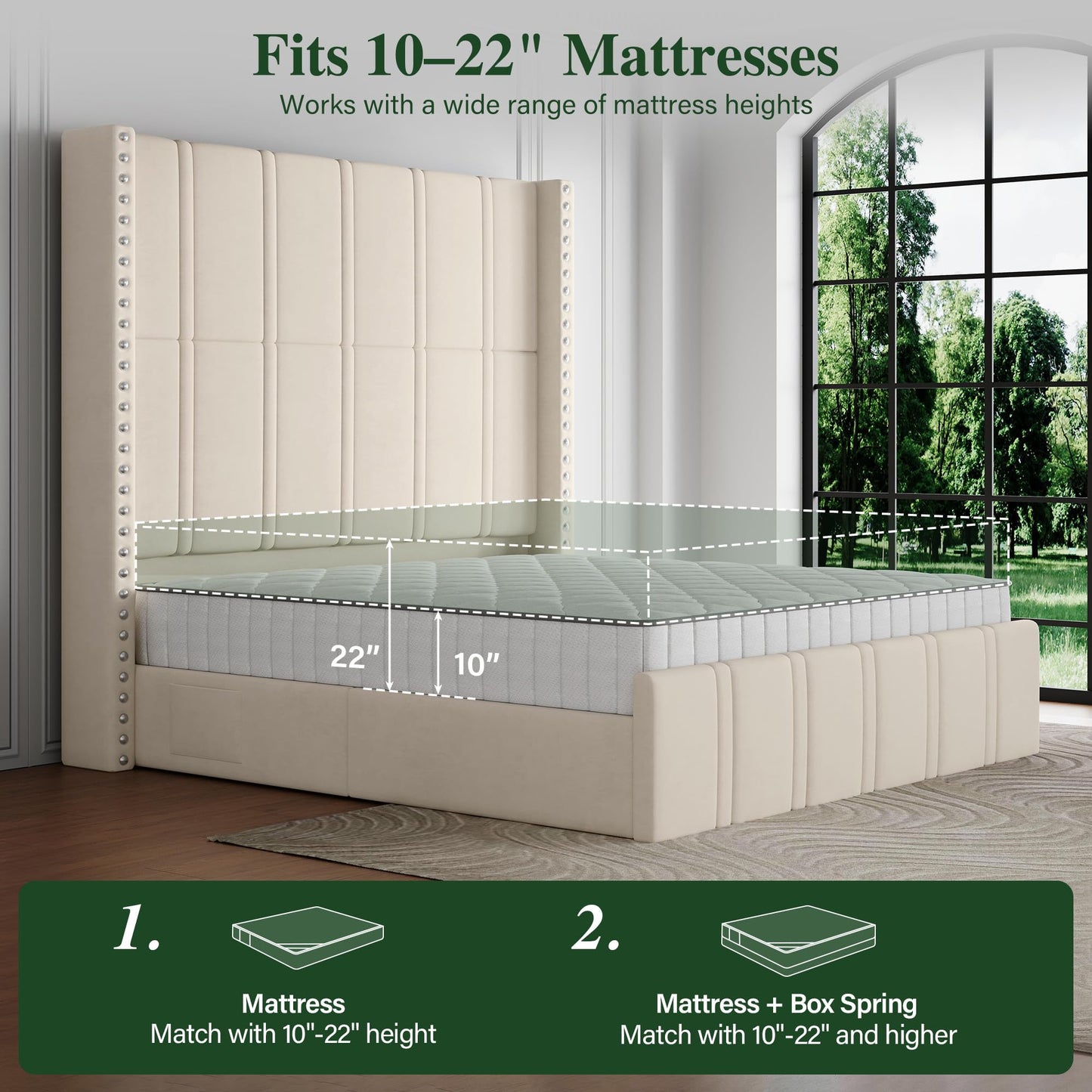 Uteeran Queen Bed Frame with 65.75" Tall Headboard, Luxury Velvet Upholstered Platform Bed with Storage Pockets, Wide Wingback Design, Noise-Free, Easy Assembly, No Box Spring Needed, Beige