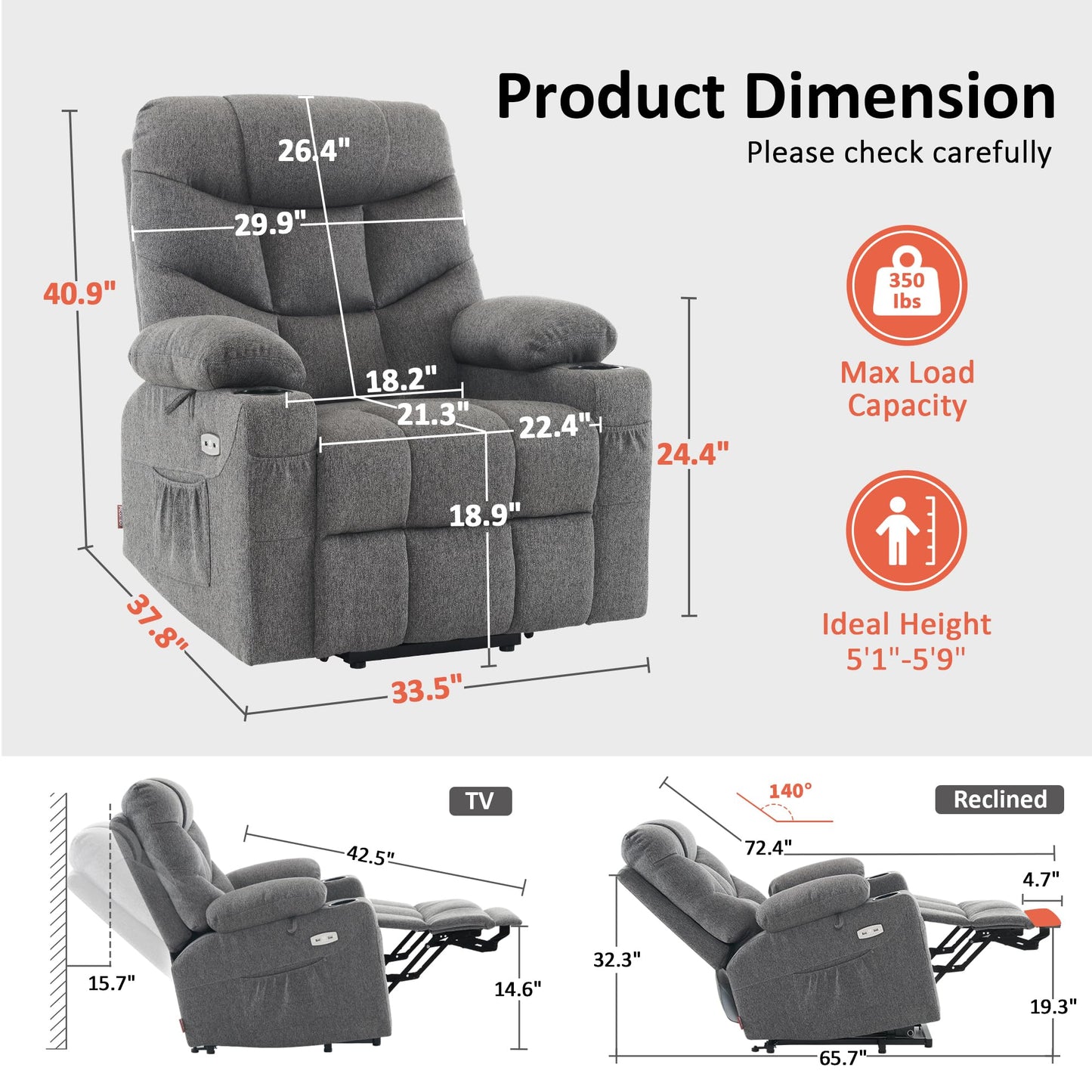 MCombo Power Lift Recliner Chair for Elderly, Electric Lift Chair with Extended Footrest, USB Ports, Cup Holders, Fabric 7287 (Dark Gray, Medium)
