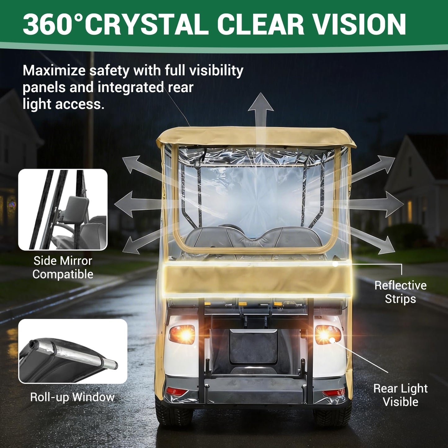 LUPPLE Universal 80 Inch Golf Cart Enclosure for EZGO TXT RXV, Fit Club Car Onward Tempo, Golf Cart Enclosure 4 Passenger Extended Roof, 600D Waterproof Windproof Rain Cover Khaki