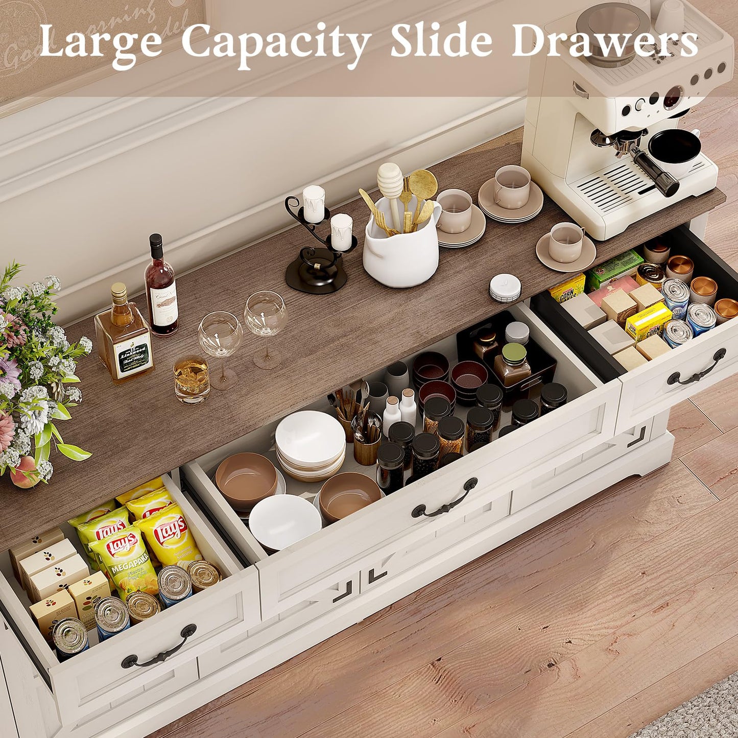 Vipbear 65" Large Sideboard Buffet Cabinet with Storage, Farmhouse Buffet Table Wine Coffee Bar Kitchen Storage Cabinet with 3 Drawers 4 Doors for Living Room, Kitchen, Dining Room, White