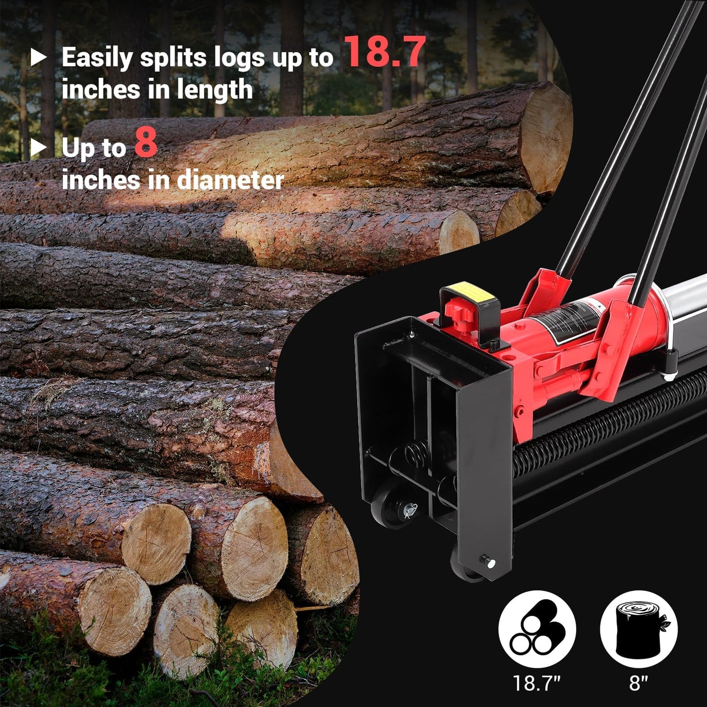 BouPower 12 Ton Hydraulic Manual Log Splitter, Heavy Duty Horizontal Wood Splitter with All-Steel Beam, Portable Firewood Cutter with Built-in Wheels & Spring-Loaded Return, No Gas or Electric Needed