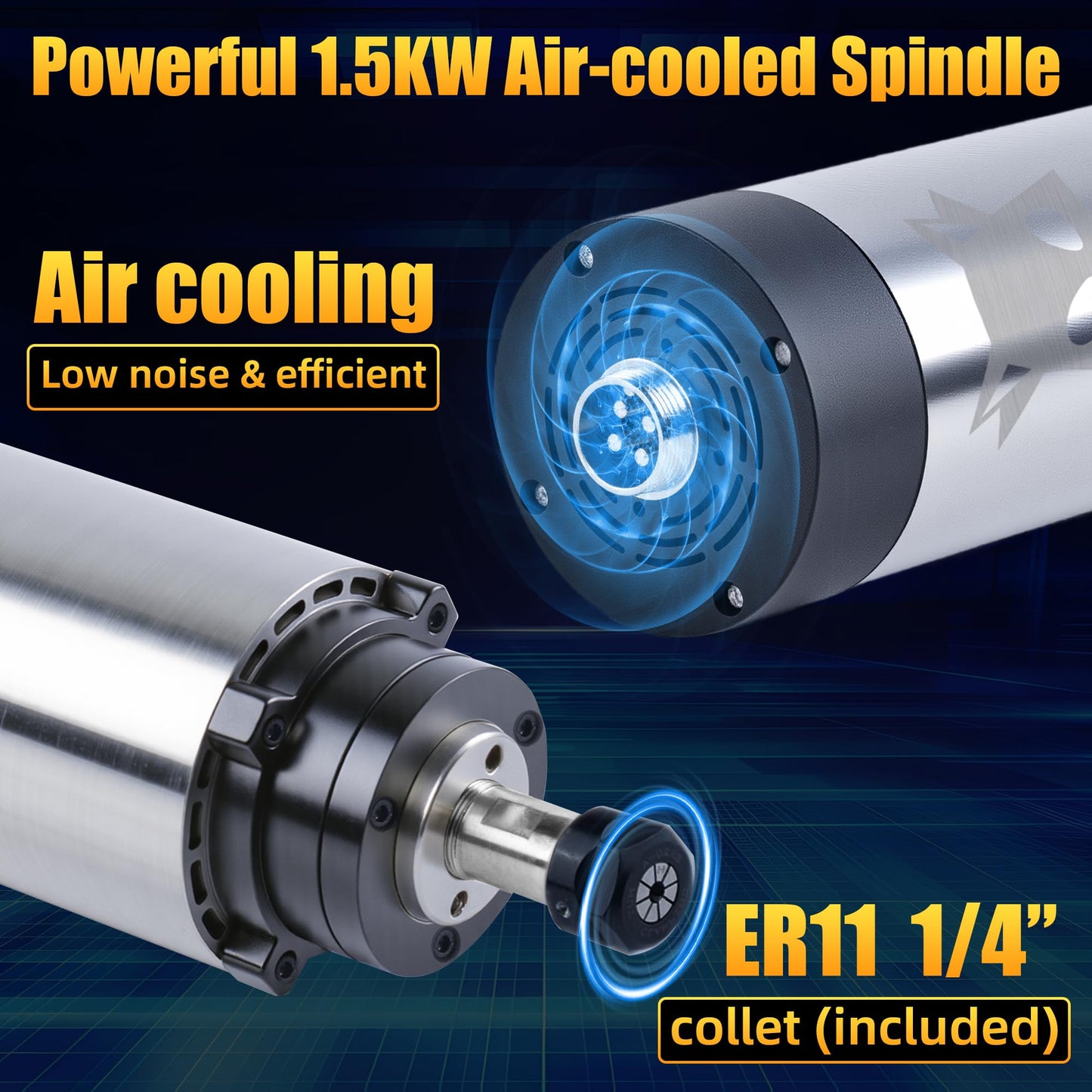 FoxAlien 1.5KW VFD Air Cooled CNC Spindle Motor Kit for CNC Router Machine, 65mm Diameter 24000 RPM Spindle for Wood Acrylic Aluminum Copper Carving Cutting