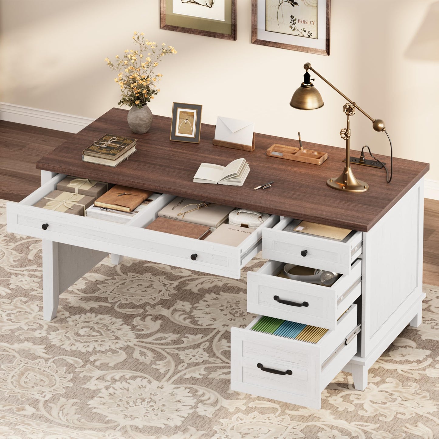 GarveeHome Executive Desk with Drawers, Farmhouse Home Office Desk with Charging Station, 53.54 in Wooden Computer Desk with File Cabinet Storage for Work Study Writing,White Walunt
