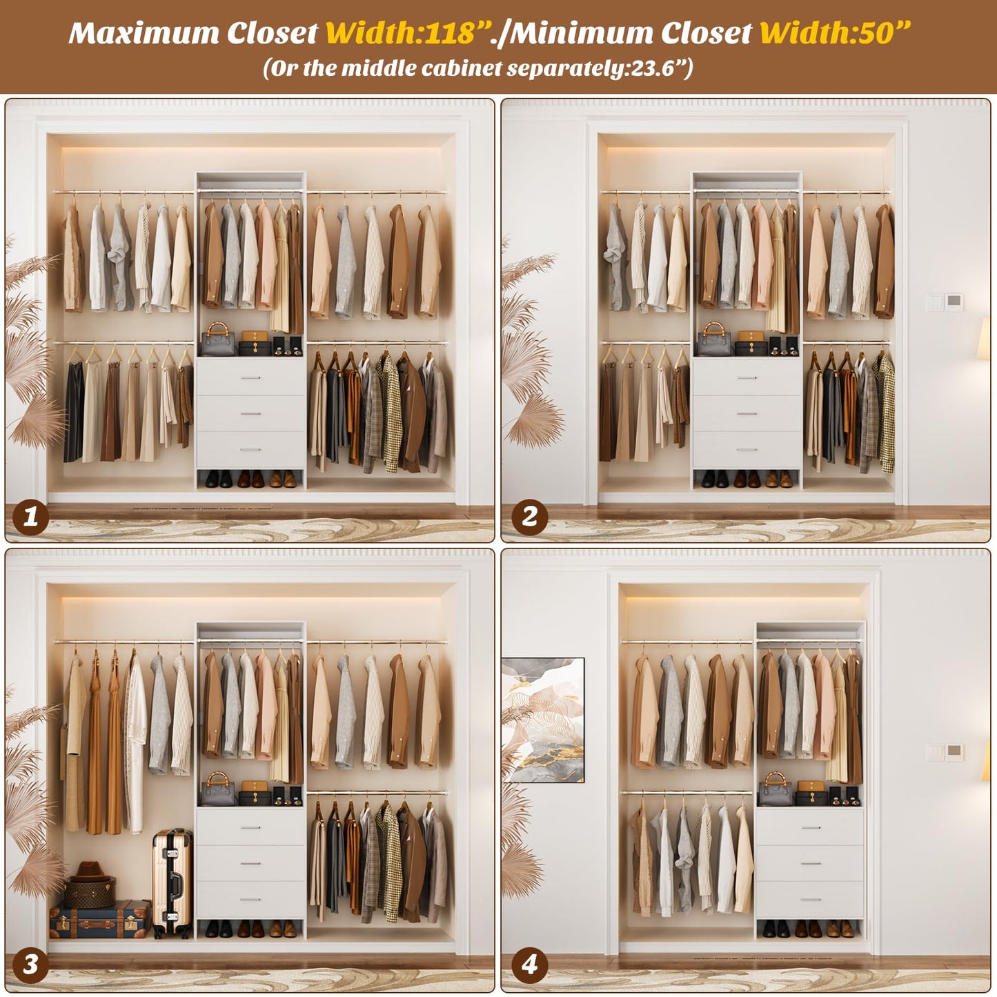 Aheaplus Closet System, Closet Organizer with 3 Wooden Drawers, Closet Organizer System, Walk-in Closet Wardrobe Clothes Rack with 4 Hanging Rods, Garment Rack, -4R, White