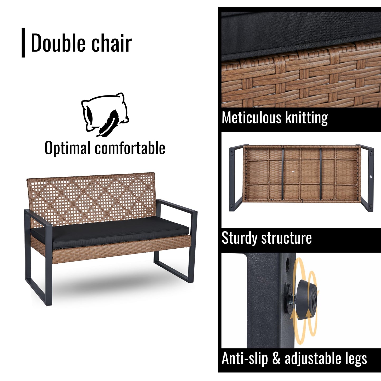 KEIKI 4PC Outdoor Patio Wicker Furniture Chat Conversation Set with Acacia Wood Table Top Backyard Porch Balcony