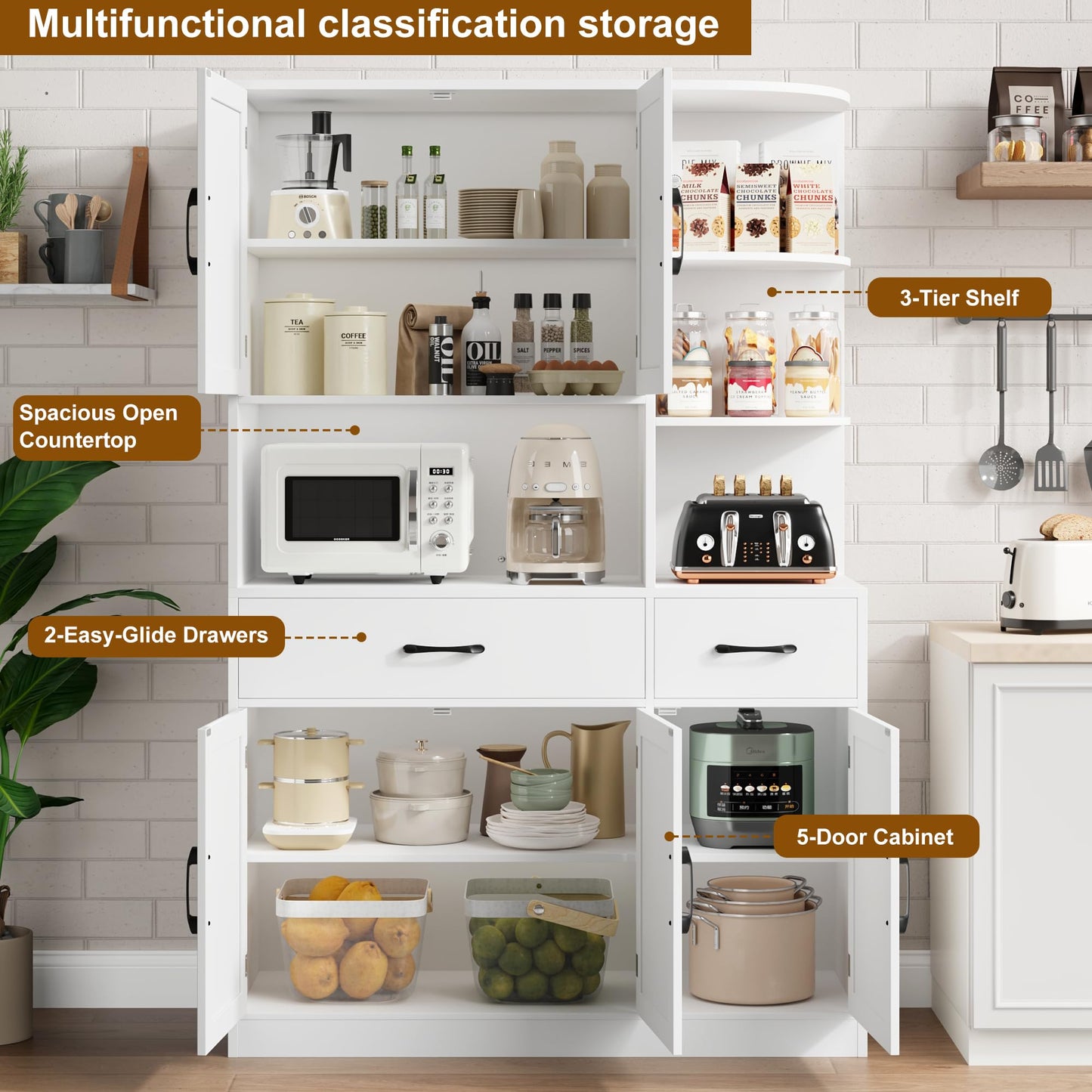 BOTLOG 67" Kitchen Pantry Cabinet, Modern Kitchen Hutch with 5 Doors and 2 Drawers, 3-Tier External Shelf, Large Pantry Storage Cabinet with Microwave Stand for Dining Room (White)