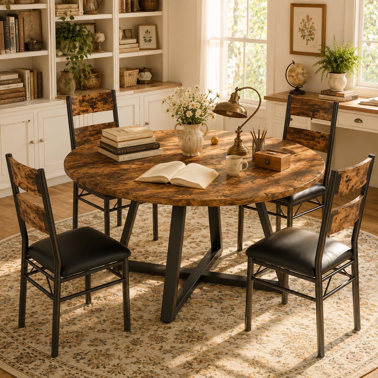 Garvee Round Dining Table Set for 4, 5 Piece Circle Wooden Kitchen Dinner Table & Chairs Set for 4, w/ 4 Unpholster Chairs, Sturdy Thick Frame, for Kitchen, Apartment, Small Space, Retro Brown