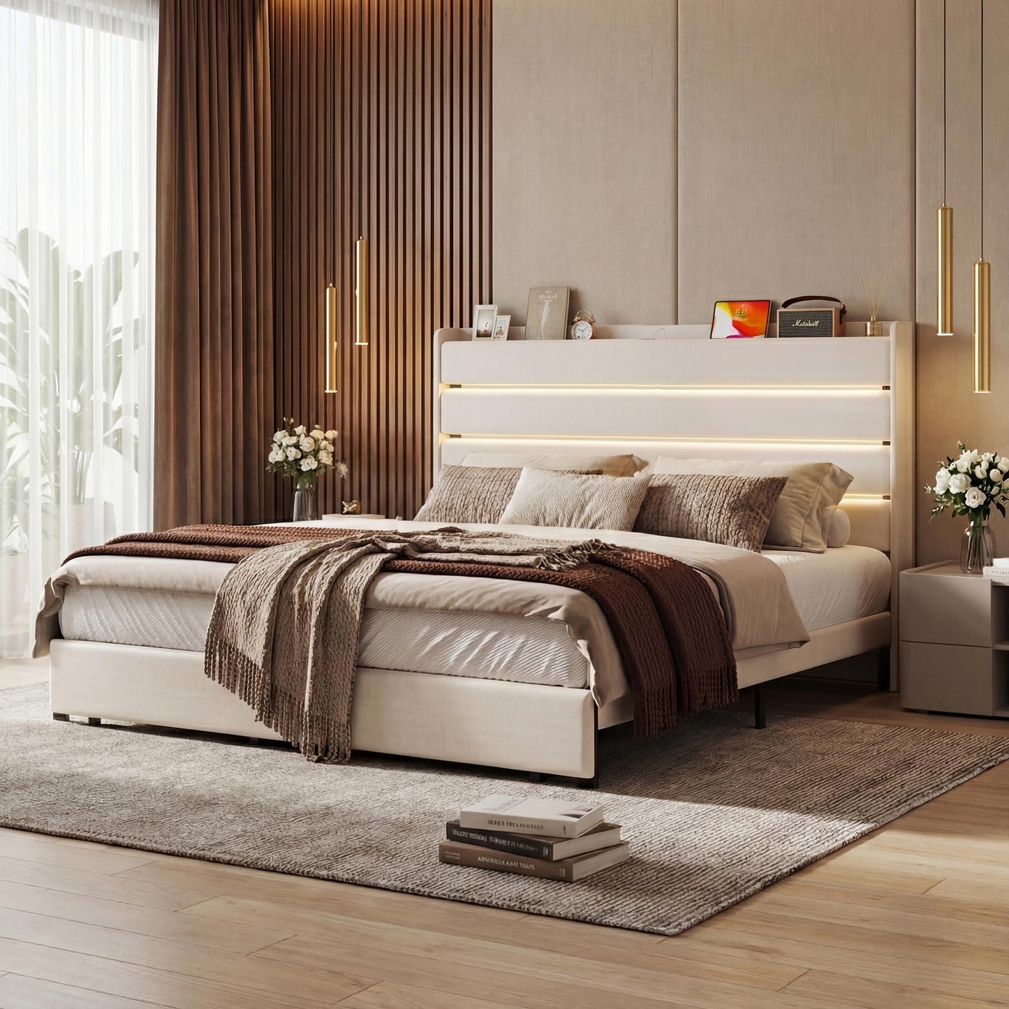HUAHUU Queen Bed Frame with Storage, Velvet Upholstered Queen Size Upholstered Headboard with LED Light & Charging Station, Platform Bedframe with Drawers, Metal Slats, White