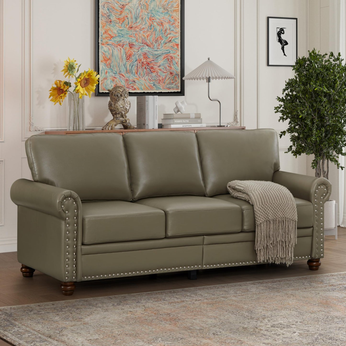 KEIKI 82.68" Chesterfield Sofa, Retro Style Upholstered Faux Leather PU Couch with Storage Space, Rolled Arm, Nailhead for Living Room Bedroom Office Apartment, Gray