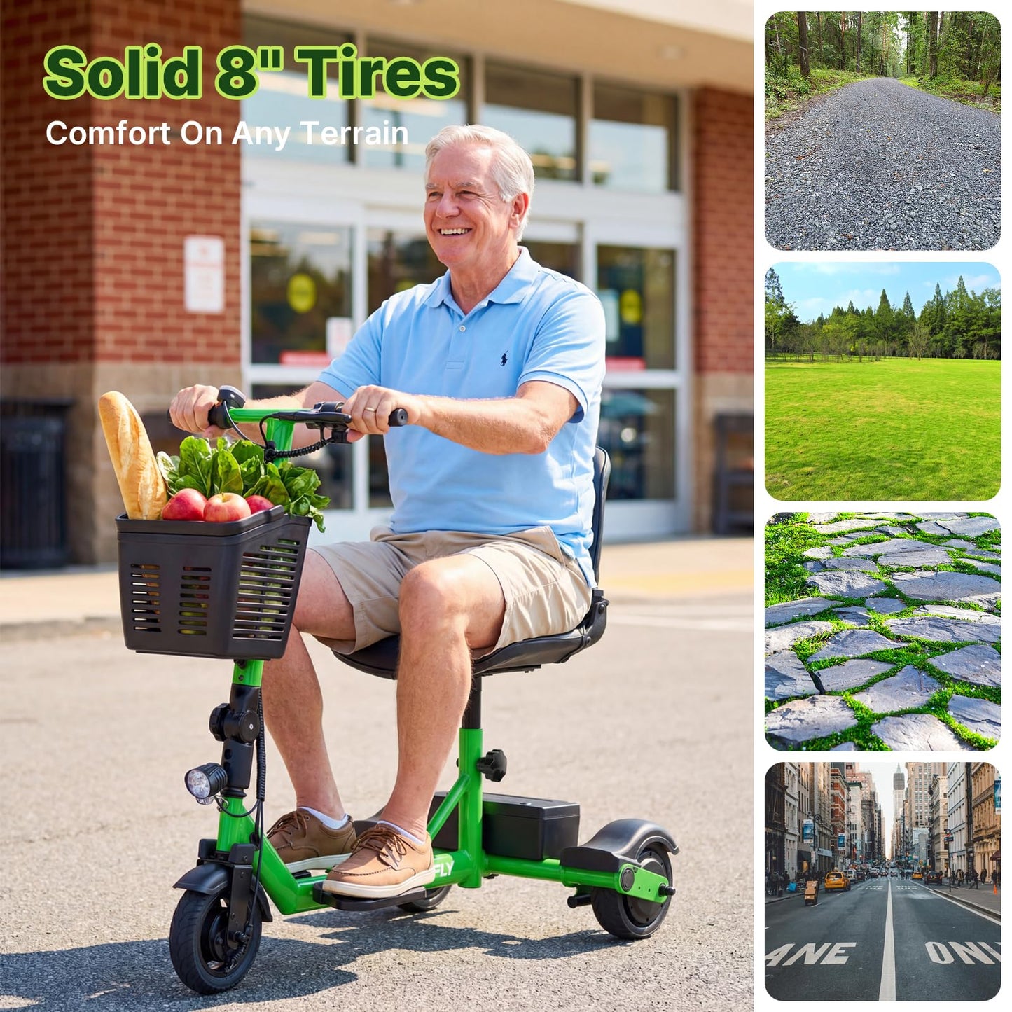 Hoverfly T3 Folding Powered Mobility Scooter for Seniors, Portable 3-Wheel E-Scooter with Seat, 13-Mile Range Safe LiFePO4 Battery, 264lbs Load&Solid 8" Tires, Fits in Car Trunks for Daily Rides Green