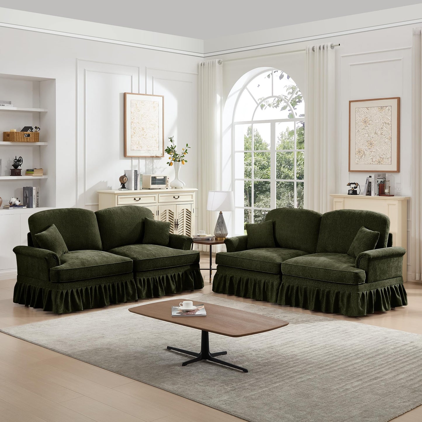 KEIKI Modular Sectional Sofa, 2 Seat Sofa Sets with Removable Ruffles Pleats Skirts, 2 Piece Modular Deep Seat Sofa for Living Room, Green