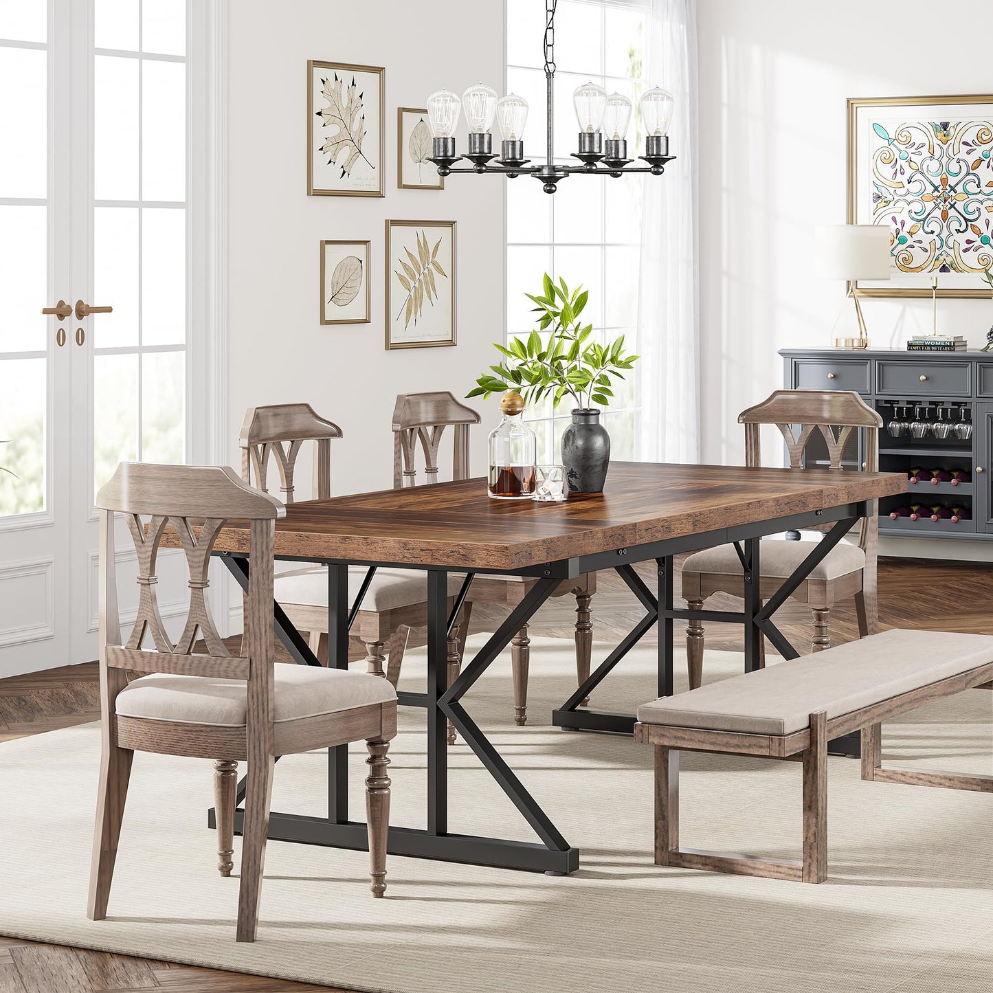Tribesigns Farmhouse Dining Table for 6 People, 70.8-Inch Rectangular Wood Dining Table, Rustic Kitchen Table with Heavy Duty Metal Legs for Dining Room