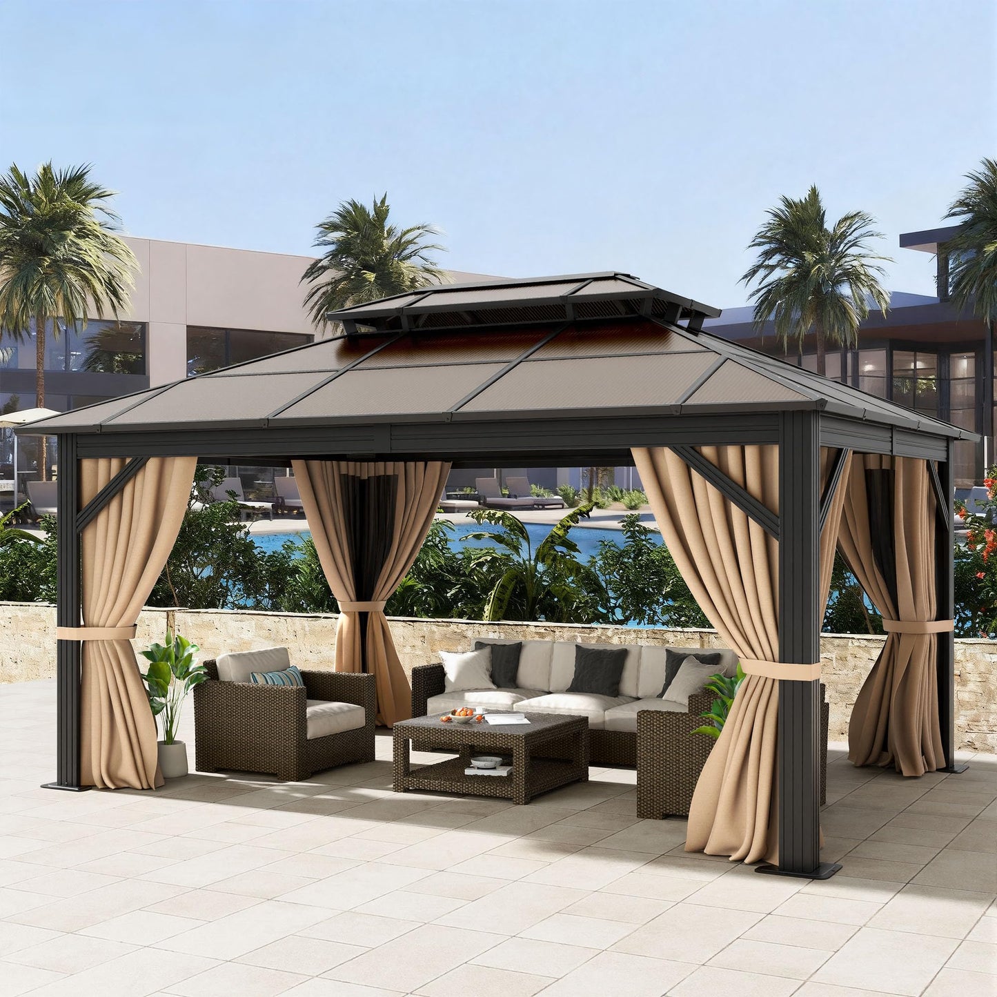 DWVO 10x12ft Hardtop Gazebo Double Roof Polycarbonate Canopy Outdoor with Netting and Shaded Curtains, Metal Frame Garden Tent for Patio, Backyard, Deck and Lawns, Brown
