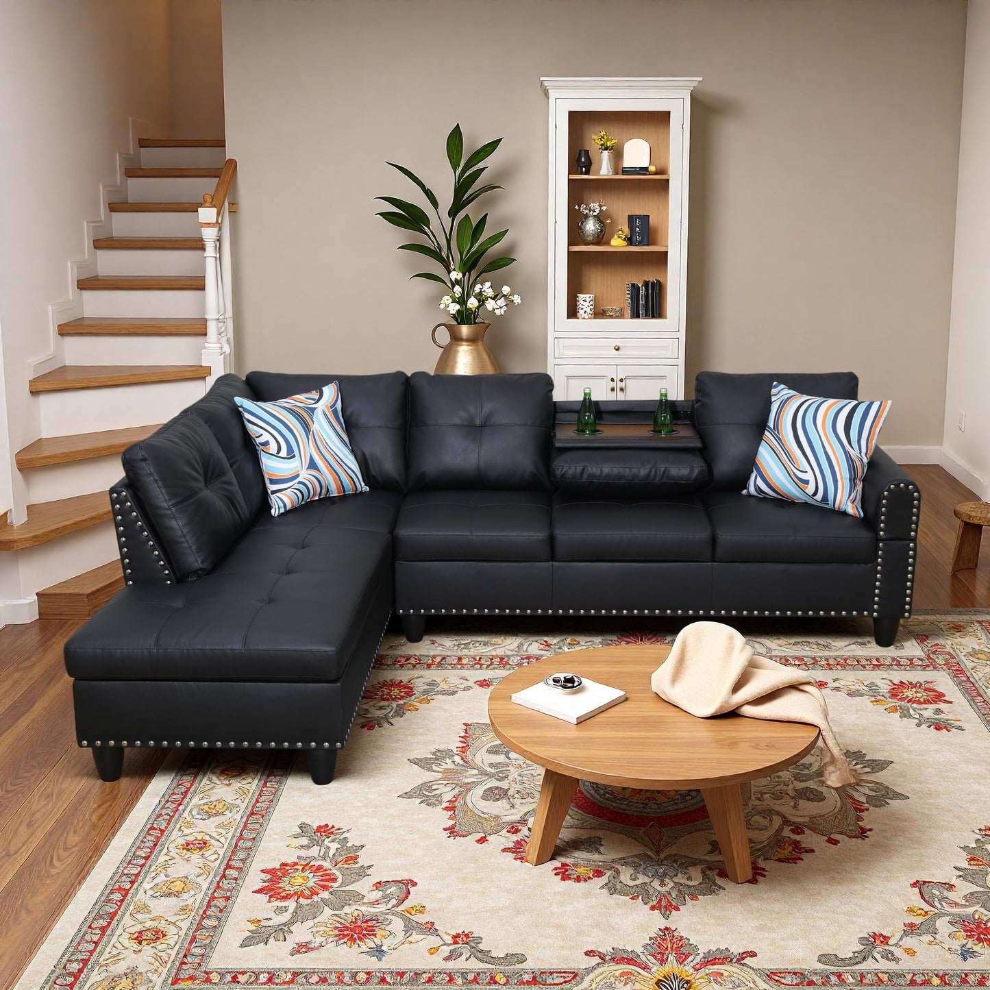 Trygoal L-Shaped Sectional Sofa, Modern 4-Seat Couch with Built-in Cup Holders, Leather Sectional Couch with Left Facing Chaise for Living Room, Apartment, Office, Black