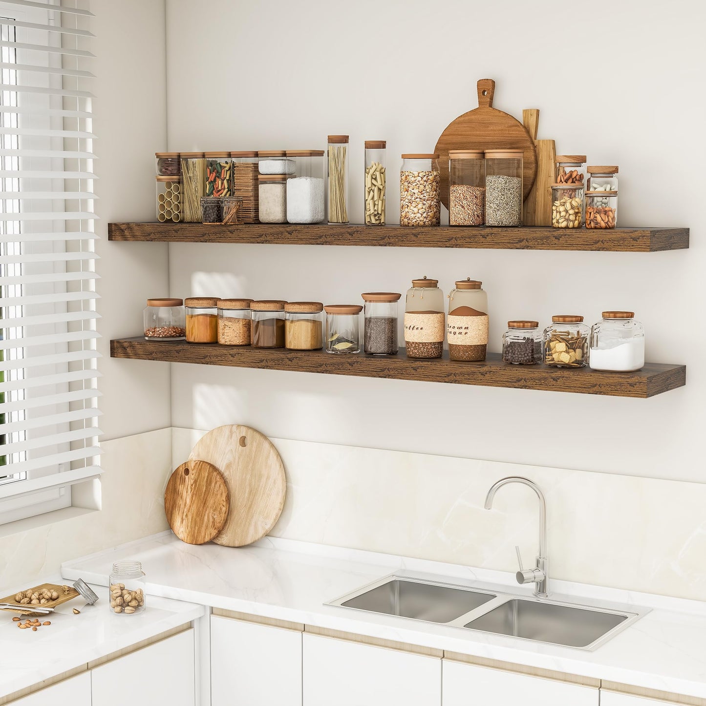RICHFOCUS 72Inch Floating Shelves for Wall 2 Pack Shelves for Bedroom|Kitchen|Bathroom Wall Mounted Rustic Wood Floating Shelf with Invisible Brackets for Books|Storage|Decor, Rustic Brown