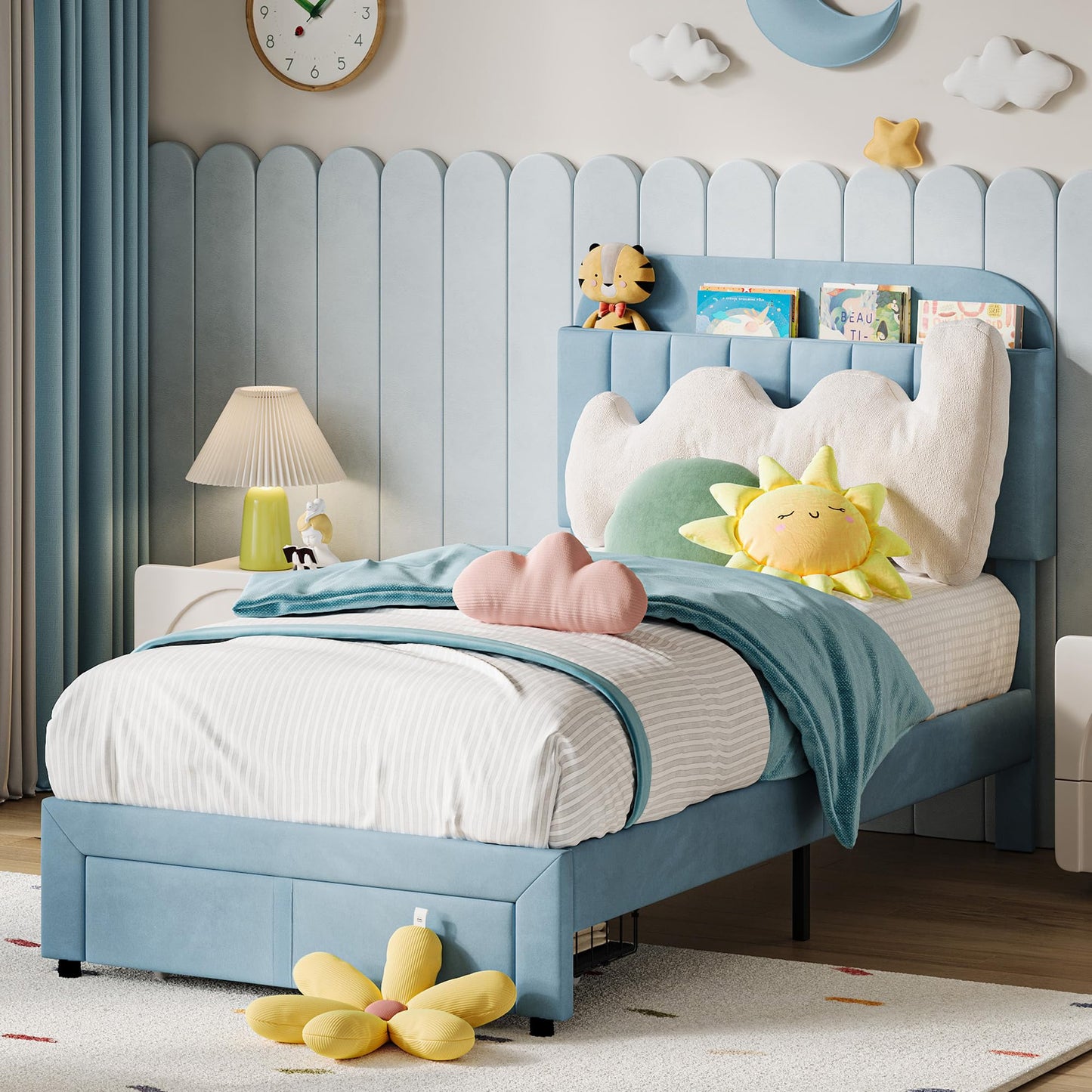 IDEALHOUSE Twin Bed Frame for Kids, Upholstered Platform Bed with Large Storage Drawer and Bookcase Headboard, Boys Bed, Noise-Free, Easy Assembly, No Box Spring Needed, Blue
