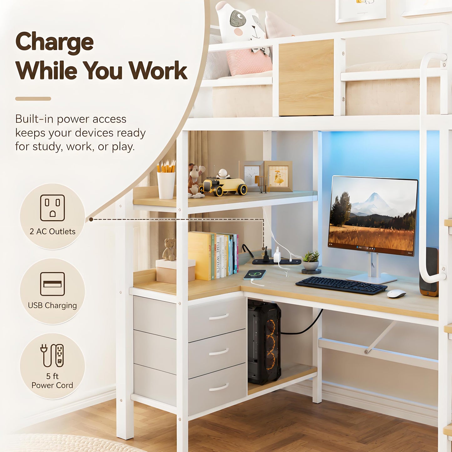 GarveeLife Twin Size Loft Bed Frame with Desk and Storage Shelves, Metal Loft Bed with Ladder and Full-Length Guardrails, Space Saving Kids Bed with Built-in Workstation for Bedroom, White
