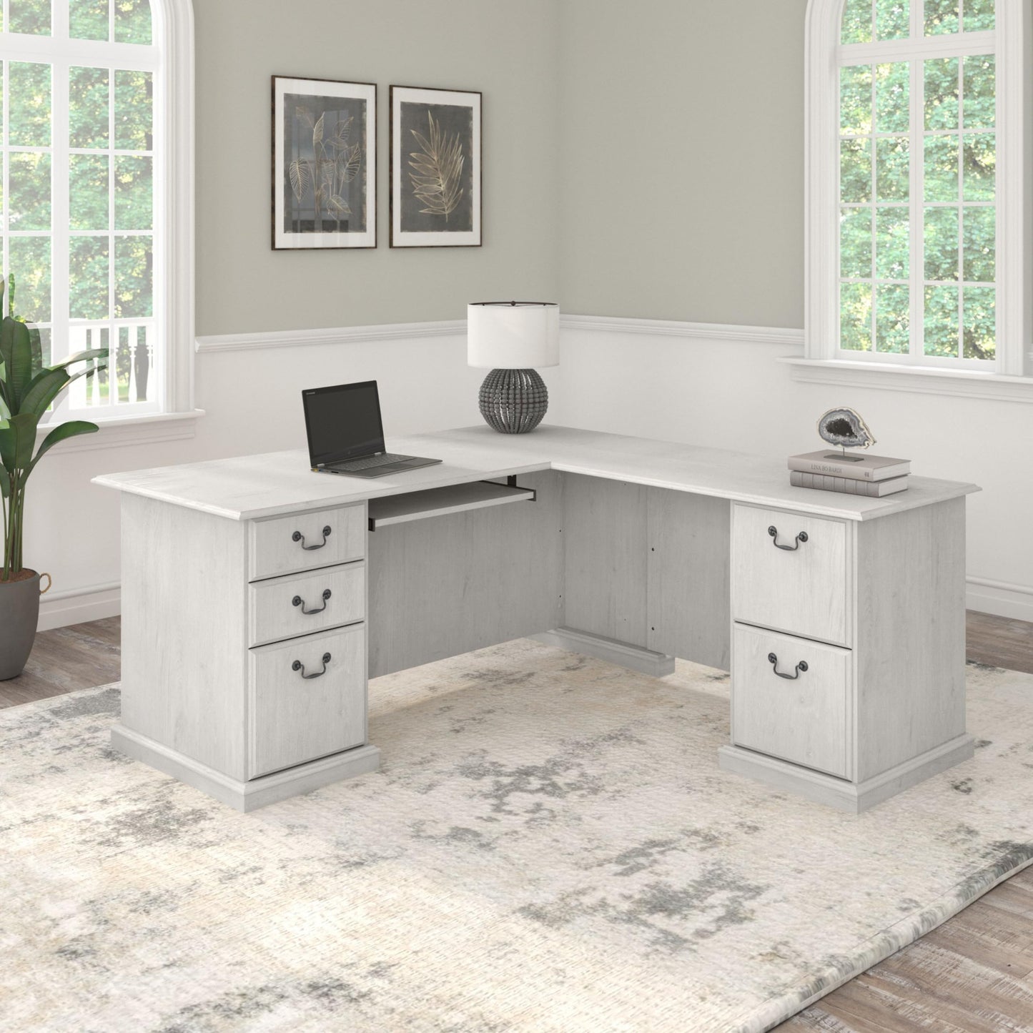 Bush Home Saratoga L Shaped Computer Desk with Drawers and Storage in Linen White Oak | Large Corner Office Table for Workspace