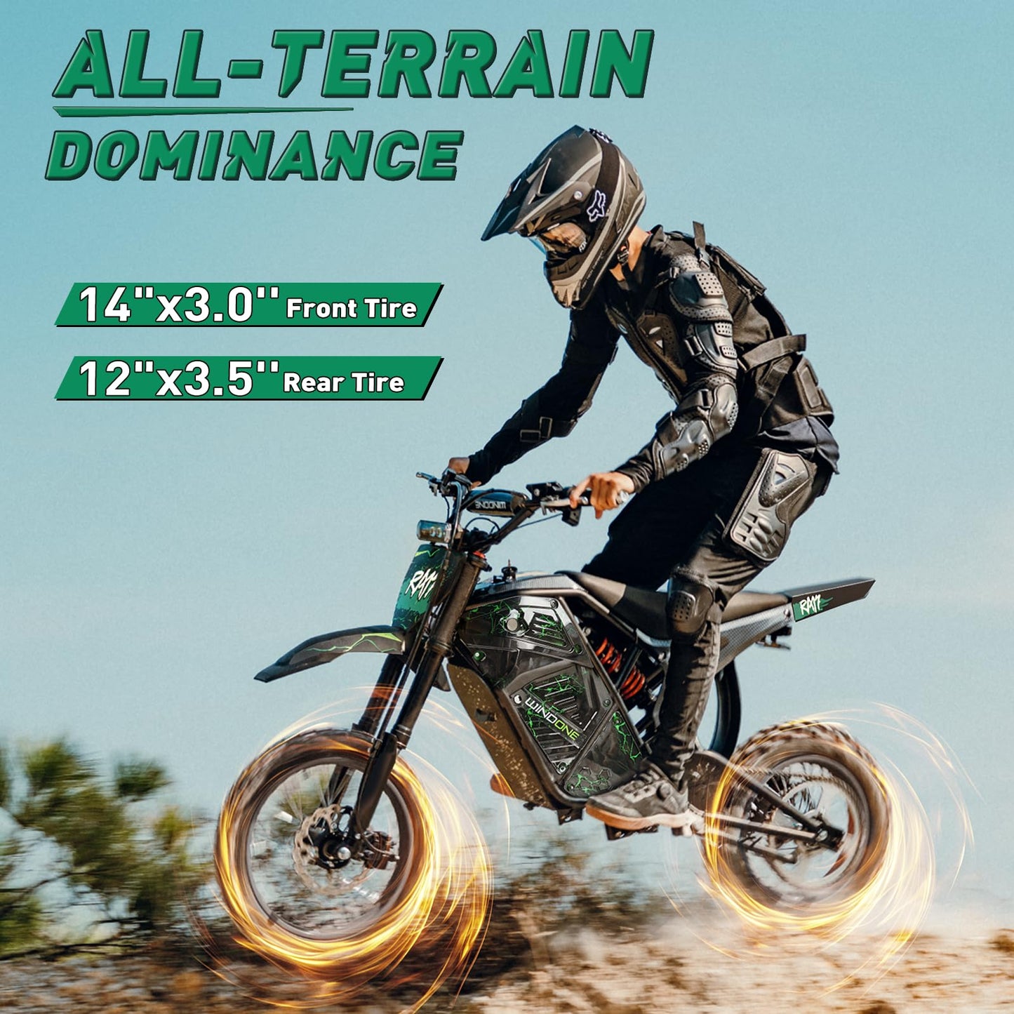 Windone RM7 Electric Dirt Bike, 48V 22.5Ah, 37MPH & 45-Mile Electric Motorcycle, 2200W Ebike, 14"/12" Off-Road Tire E-Bike, Dual Hydraulic Brakes, Full Suspension, Fit Age 13+, Green Lightning