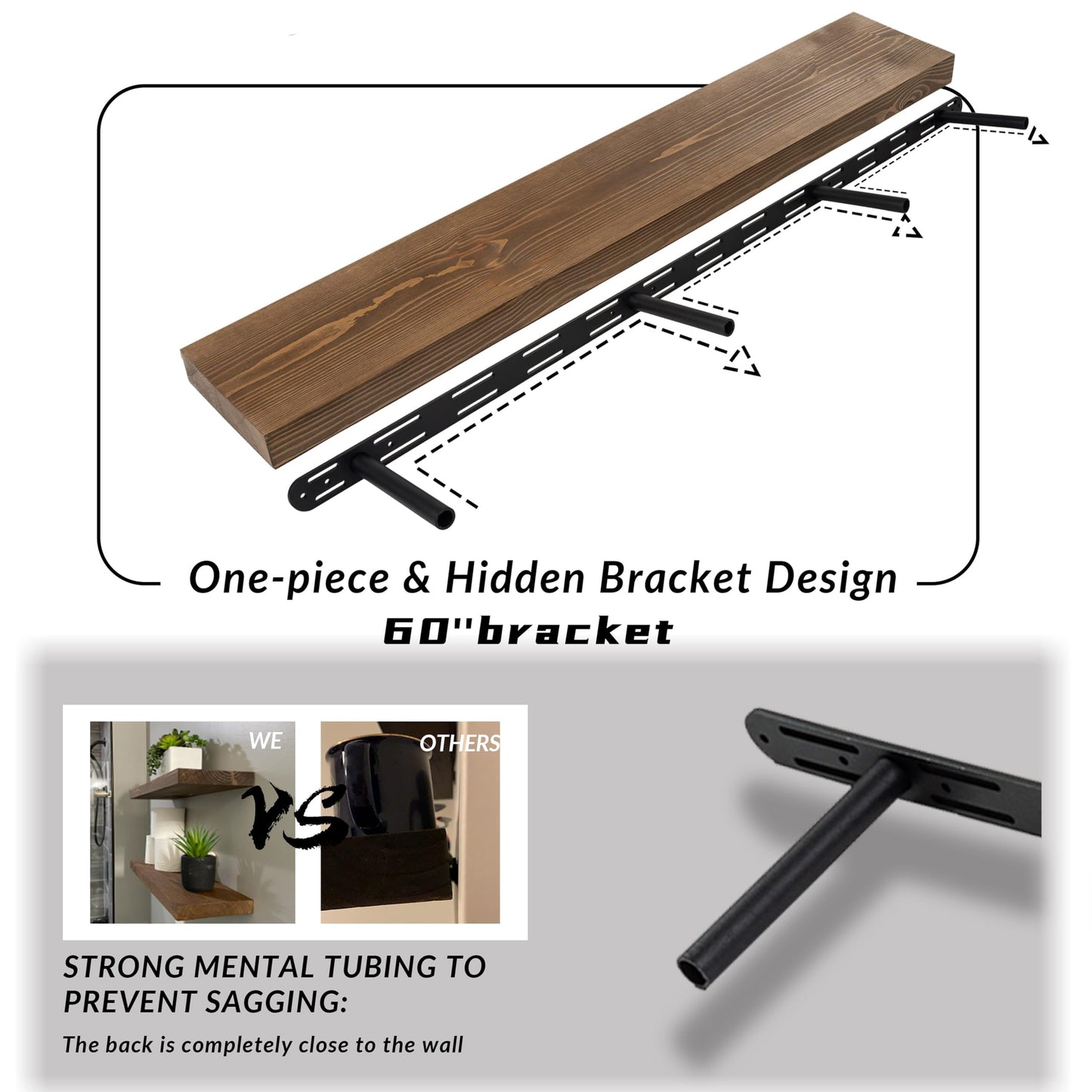 XWNE 60 Inch Floating Shelves,8-Inch Deep High-End Solid Wood Long Floating Shelves for wall Set of 2, Rustic Walnut Wall Shelves for Bedroom Kitchen &Living Room, with Sturdy Hidden Bracket, Walnut
