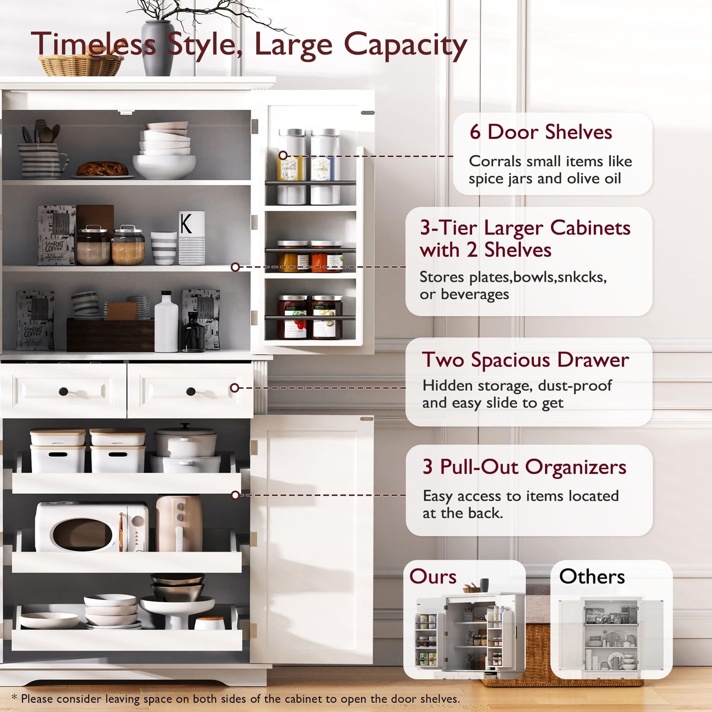 Merax 71" Tall Kitchen Pantry, Farmhouse Storage Cabinet with 6 Door Shelves, 2 Drawers and 3 Adjustable Shelves, Freestanding Rustic Wood Cupboard for Kitchen, Dining Room, White