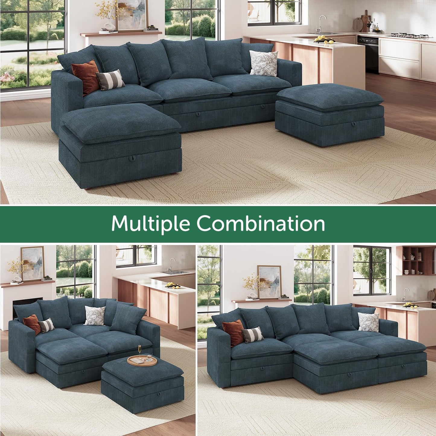 HONBAY Modular Sectional Sofa, 105.5 Inch Deep Seat U Shaped Couch with Storage & Adjustable Armrest Backrest, Blue