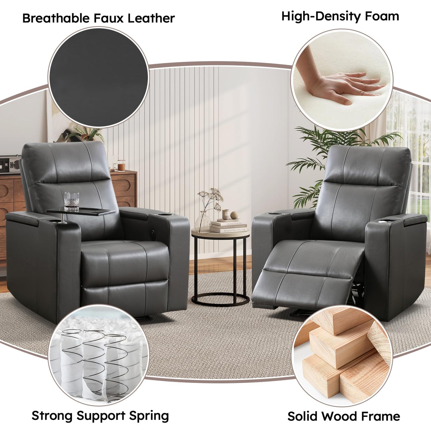 ANJ Home Theater Seating Power Recliner with Hidden Arm Storage, Single Faux Leather Recliners with Tray Table, Electric Movie Reclining Chairs with USB Ports & Cup Holders for Media Room, Grey
