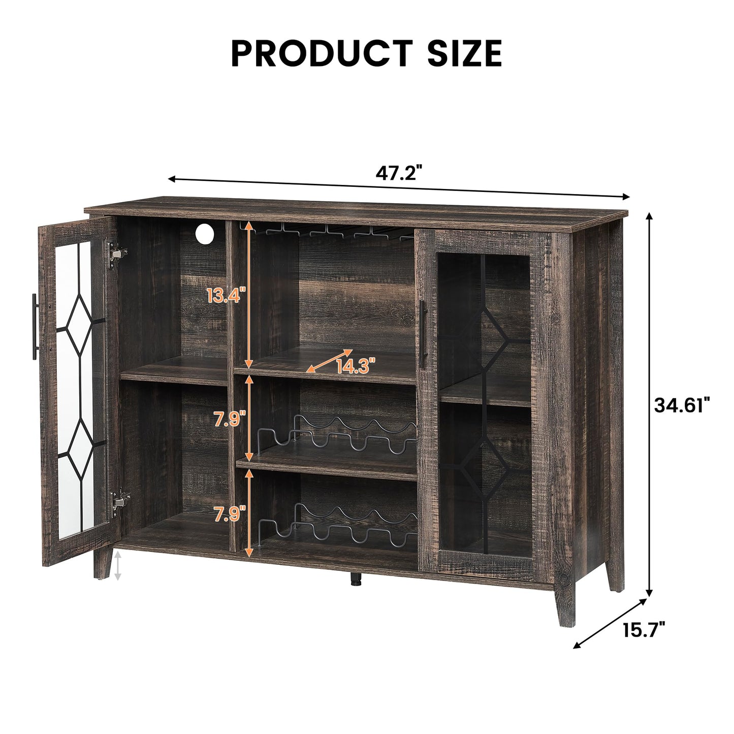 CABIHOME 47" Wine Bar Cabinet with LED Light, Farmhouse Industrial Wine Cabinet, Coffee Station with 2 Adjustable Shelves & Storage, Dining Room, Living Room, Home Bar Furniture, Oak