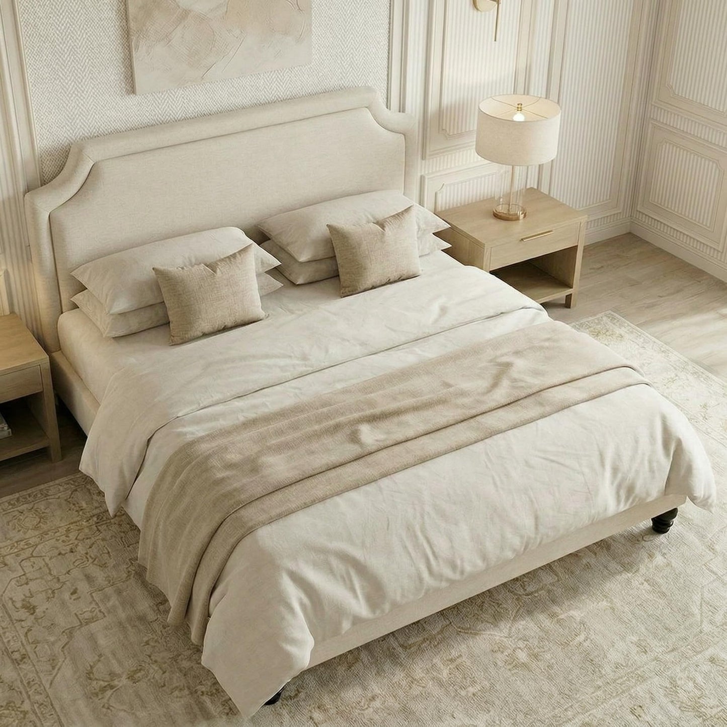 SHA CERLIN King Size Upholstered Platform Bed Frame, 50.6"-54.5" Tall Adjustable Minimalist Chenille Headboard, Strong Support, Noise-Free, No Box Spring Required, Beige