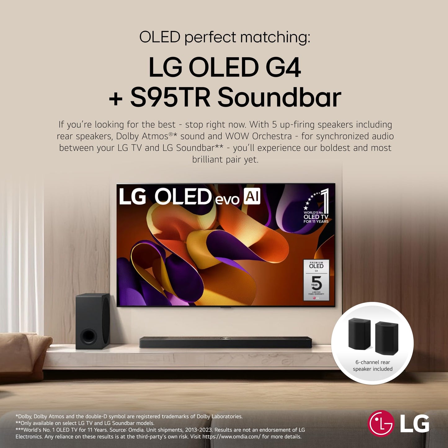 LG S95TR 9.1.5-Channel OLED evo TV Matching Home Theater Soundbar with Rear Surround Speakers and Wireless Subwoofer, Wow Orchestra, Dolby Atmos, WOWCAST Built-in