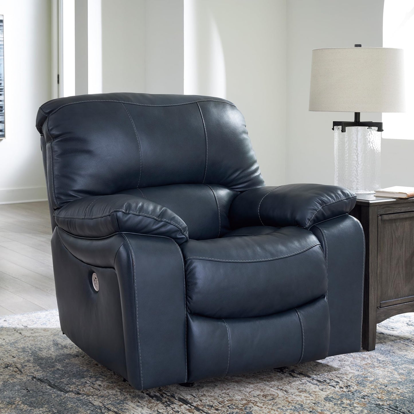Signature Design By Ashley Leesworth Modern Power Rocker Recliner, USB Port, Gentle Rocking, Top Grain Leather and Matched Leather, 41" W x 41" D x 41" H, Blue