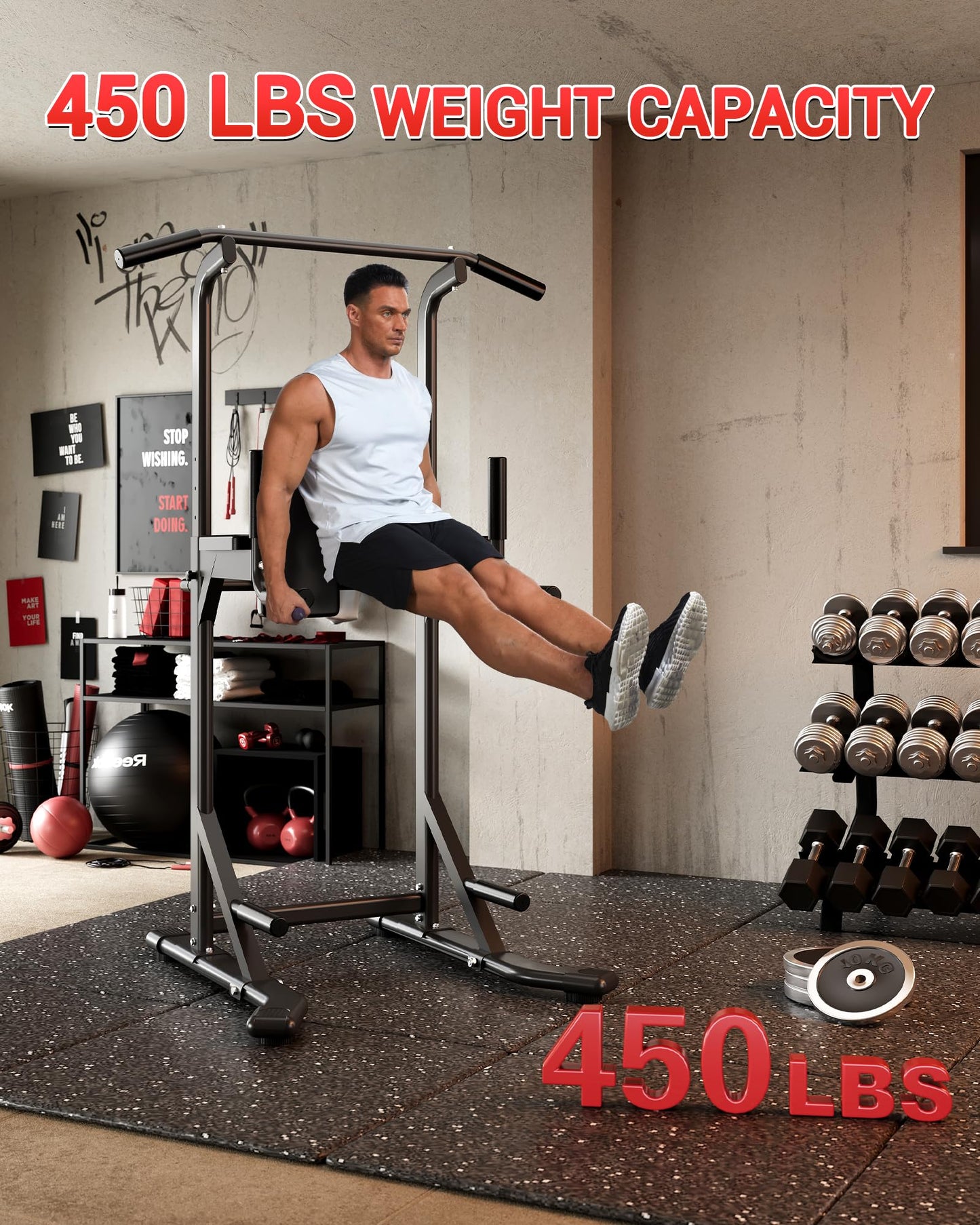 Power Tower Pull Up Bar & Dip Station, 450LB Weight Capacity, Heavy-Duty Carbon Steel Free Standing Home Gym for Pull-Ups, Dips, Leg Raises & Strength Training