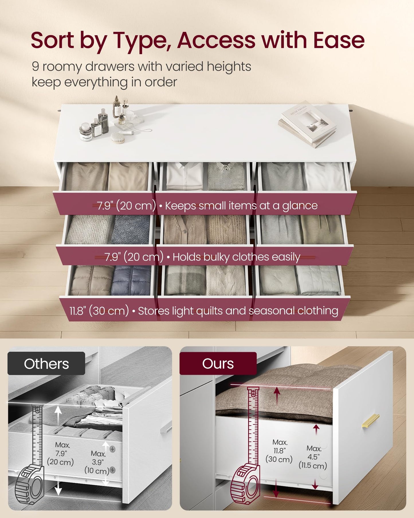 VASAGLE Custos Collection - Dresser for Bedroom, Chest of Drawers for Closet, Modern Style, TV Stand for Living Room, 9 Drawers, 15.8 x 63 x 30.7 Inches, Cloud White ULTS419WB01S