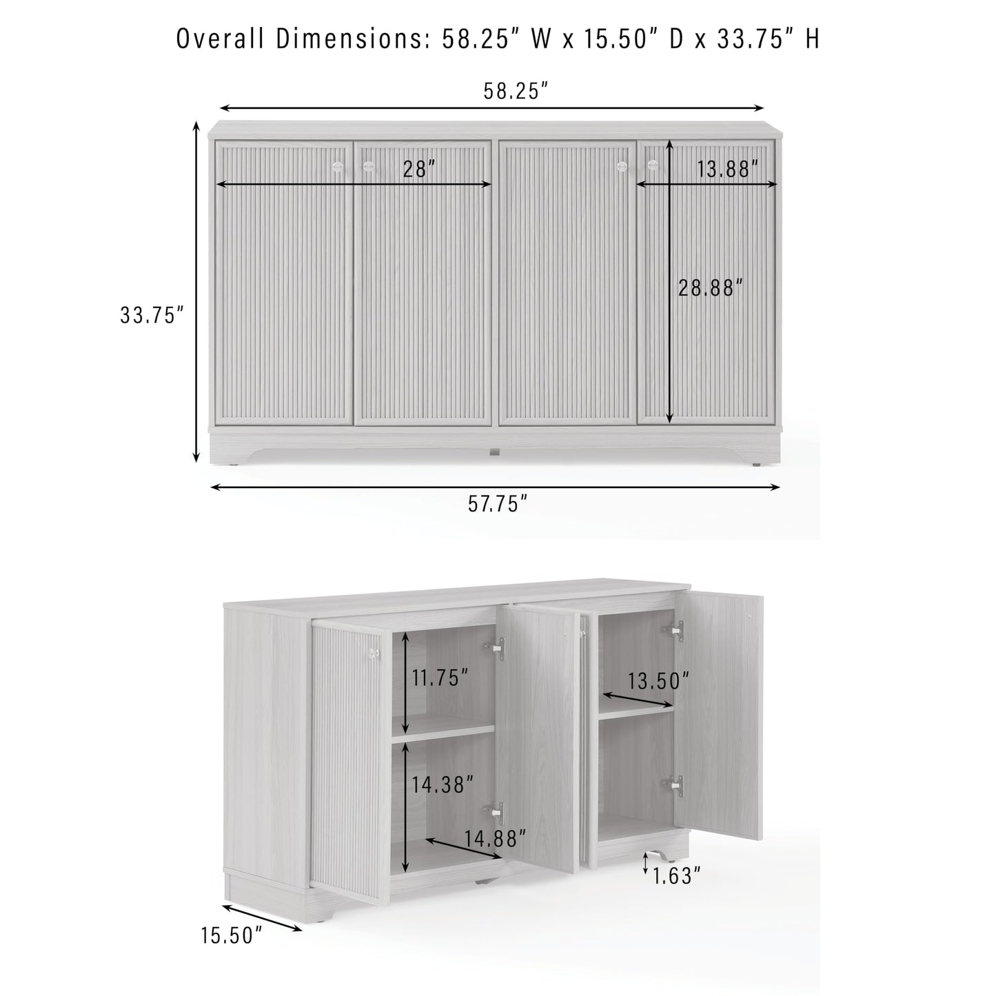 Crosley Furniture Naomi Modern Reeded Sideboard Buffet Cabinet, Credenza, Dining Room, Kitchen, TV Stand, White Oak