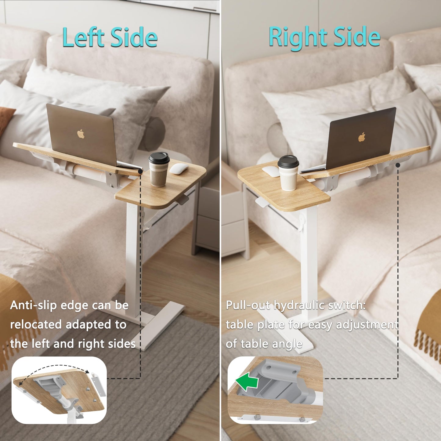 ETHU Overbed Table with Tilting Top, Medical Table with Wheel Height Adjustable - Laptop Bedside Table with Locking Wheels for Hospital, Home, and Office