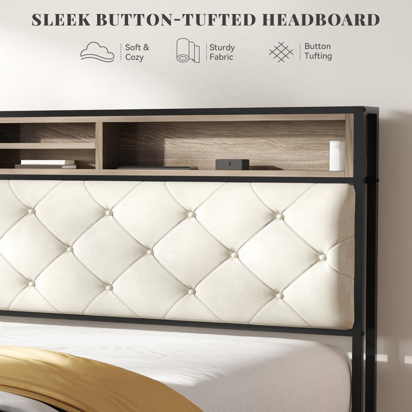 YITAHOME Queen Size Platform Bed Frame with 45.2'' Tall Headboard, Upholstered Storage Headboard with Charging Station, Large Under Bed Storage, No Box Spring Needed, Easy Assembly, Beige